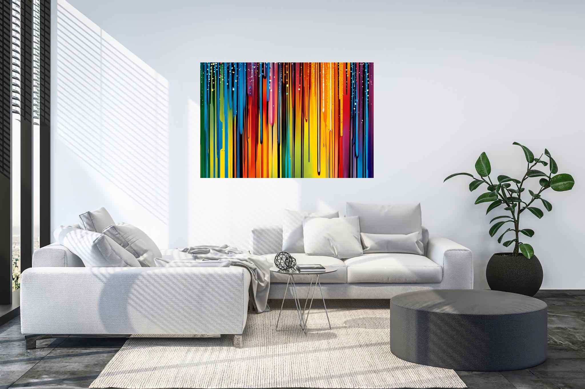 Chromatic symphony unleashed: Colorful abstract art with colorful compositions, in a room with classic elegance, abstract paintings, and trendy home accents. The art can be printed on poster, framed poster, canvas, metal, acrylic or wood, exclusively at WallArtZen. Find this exact print at https://wallartzen.com/waz54