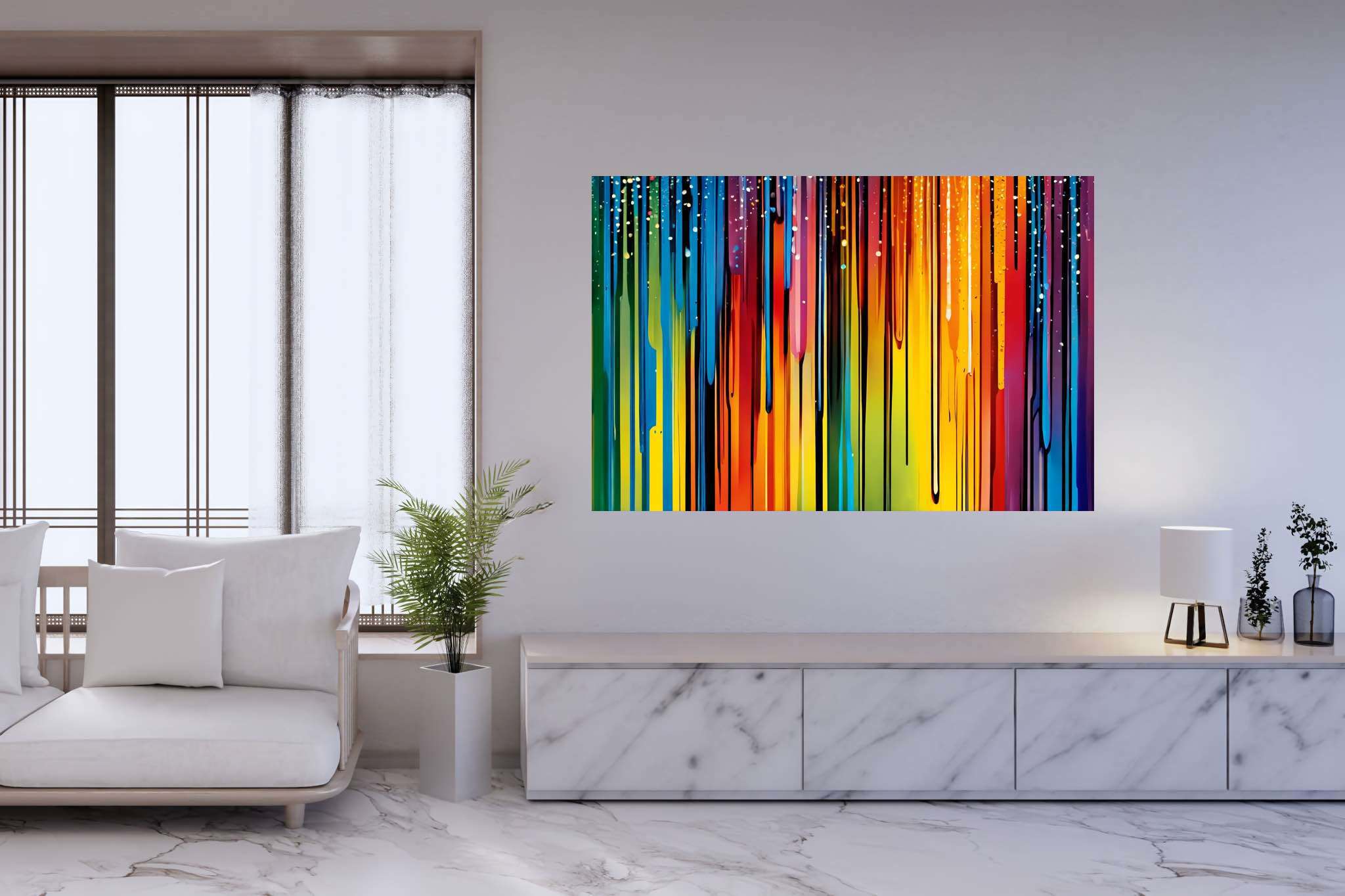 Chromatic symphony unleashed: Colorful abstract art with abstract art prints, in a room with classic elegance, fine art prints, and stylish accessories. The art can be printed on poster, framed poster, canvas, metal, acrylic or wood, exclusively at WallArtZen. Find this exact print at https://wallartzen.com/waz54