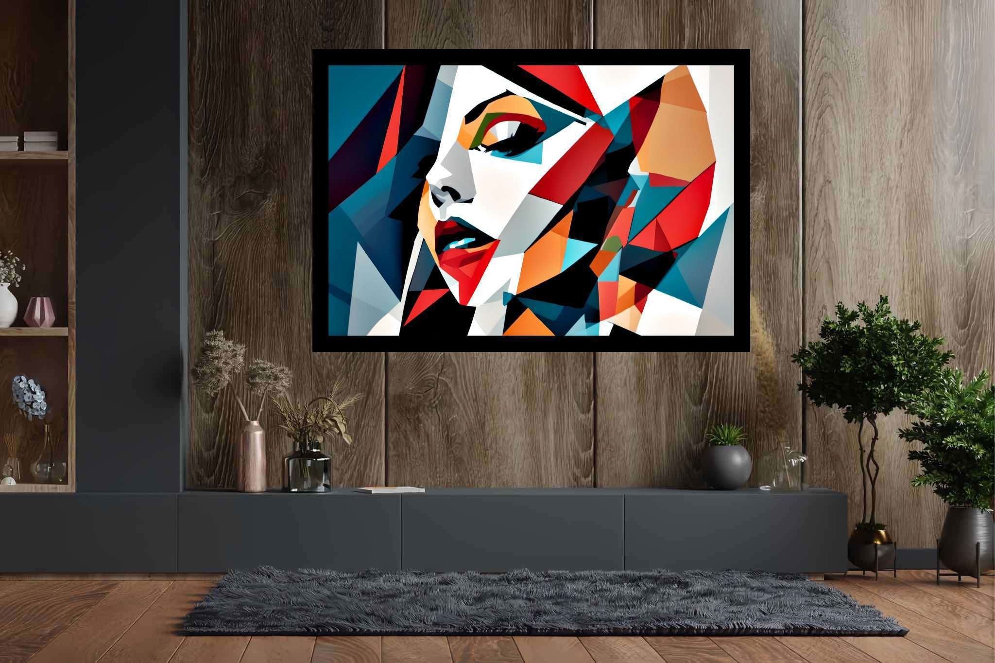 Kaleidoscope gaze: Vibrant portrait art with vibrant traditional art, in a room with great design, mural artworks, and stylish accessories. The art can be printed on poster, framed poster, canvas, metal, acrylic or wood, exclusively at WallArtZen. Find this exact print at https://wallartzen.com/waz55