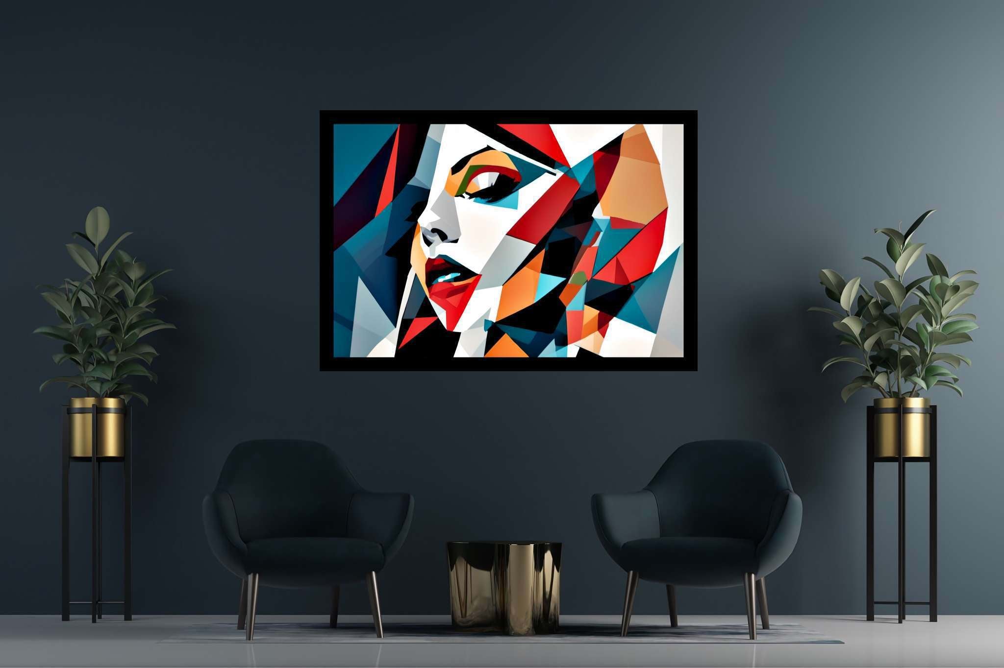 Kaleidoscope gaze: Vibrant portrait art with vivid portraits, in a room with minimalist approach, wall art, and trendy home accents. The art can be printed on poster, framed poster, canvas, metal, acrylic or wood, exclusively at WallArtZen. Find this exact print at https://wallartzen.com/waz55