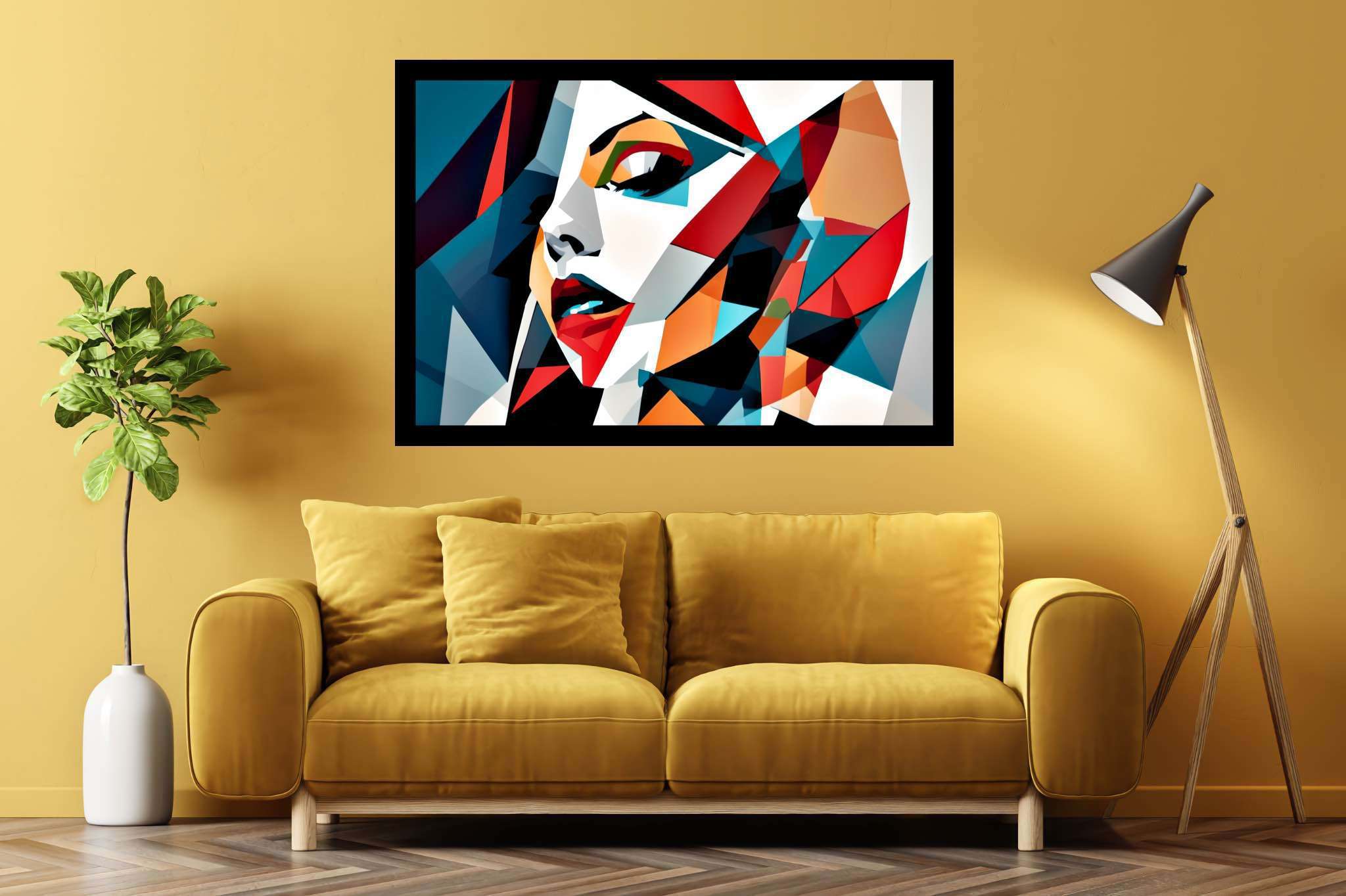 Kaleidoscope gaze: Vibrant portrait art with vibrant portrait art, in a room with elegant layout, wall art, and luxe decor. The art can be printed on poster, framed poster, canvas, metal, acrylic or wood, exclusively at WallArtZen. Find this exact print at https://wallartzen.com/waz55