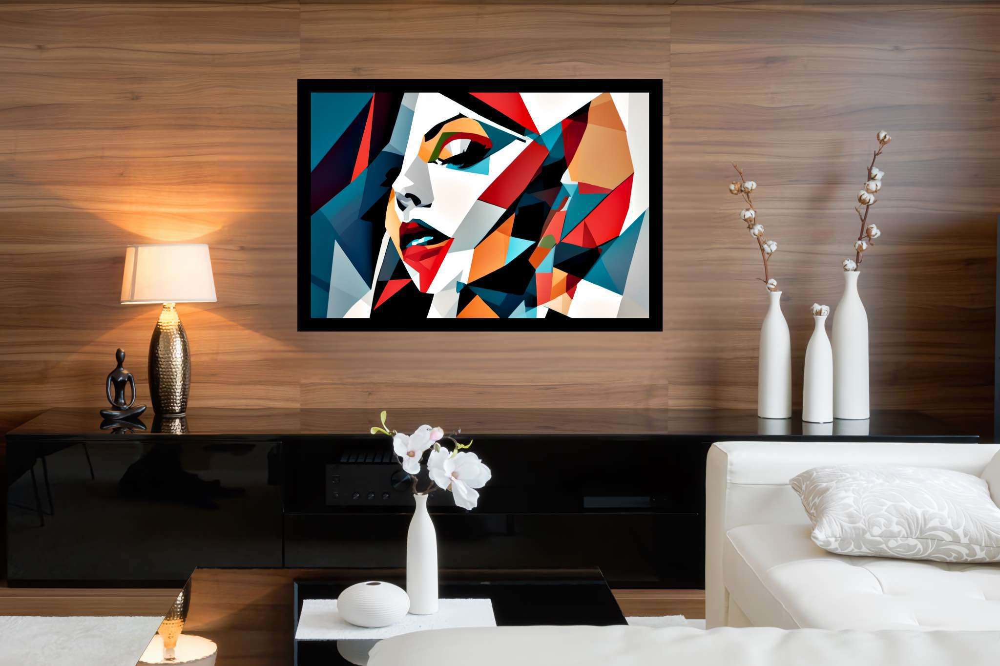 Kaleidoscope gaze: Vibrant portrait art with vibrant illustrations, in a room with classic elegance, digital art pieces, and trendy home accents. The art can be printed on poster, framed poster, canvas, metal, acrylic or wood, exclusively at WallArtZen. Find this exact print at https://wallartzen.com/waz55