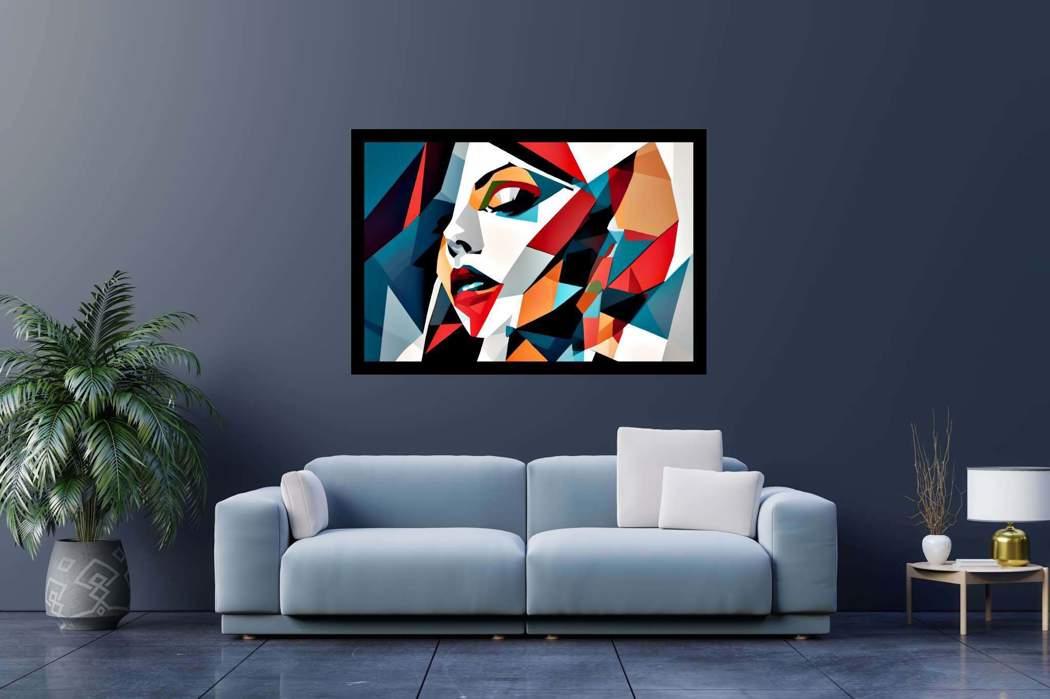 Kaleidoscope gaze: Vibrant portrait art with vibrant character art, in a room with urban design, digital art pieces, and decorative pieces. The art can be printed on poster, framed poster, canvas, metal, acrylic or wood, exclusively at WallArtZen. Find this exact print at https://wallartzen.com/waz55