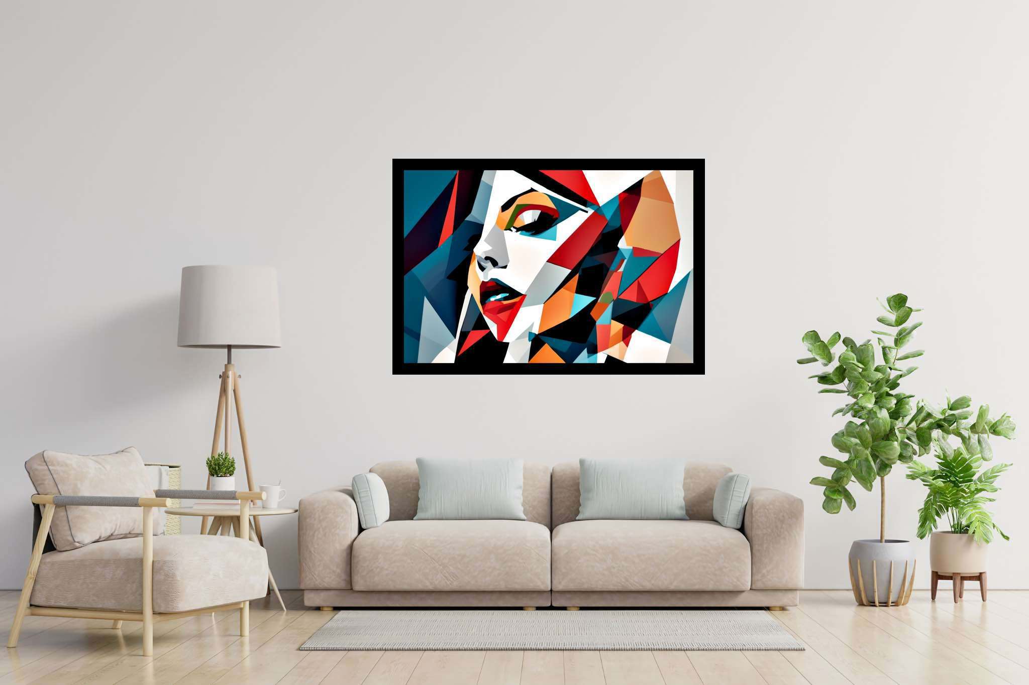 Kaleidoscope gaze: Vibrant portrait art with vibrant abstract art, in a room with urban design, mural artworks, and artisan decor. The art can be printed on poster, framed poster, canvas, metal, acrylic or wood, exclusively at WallArtZen. Find this exact print at https://wallartzen.com/waz55
