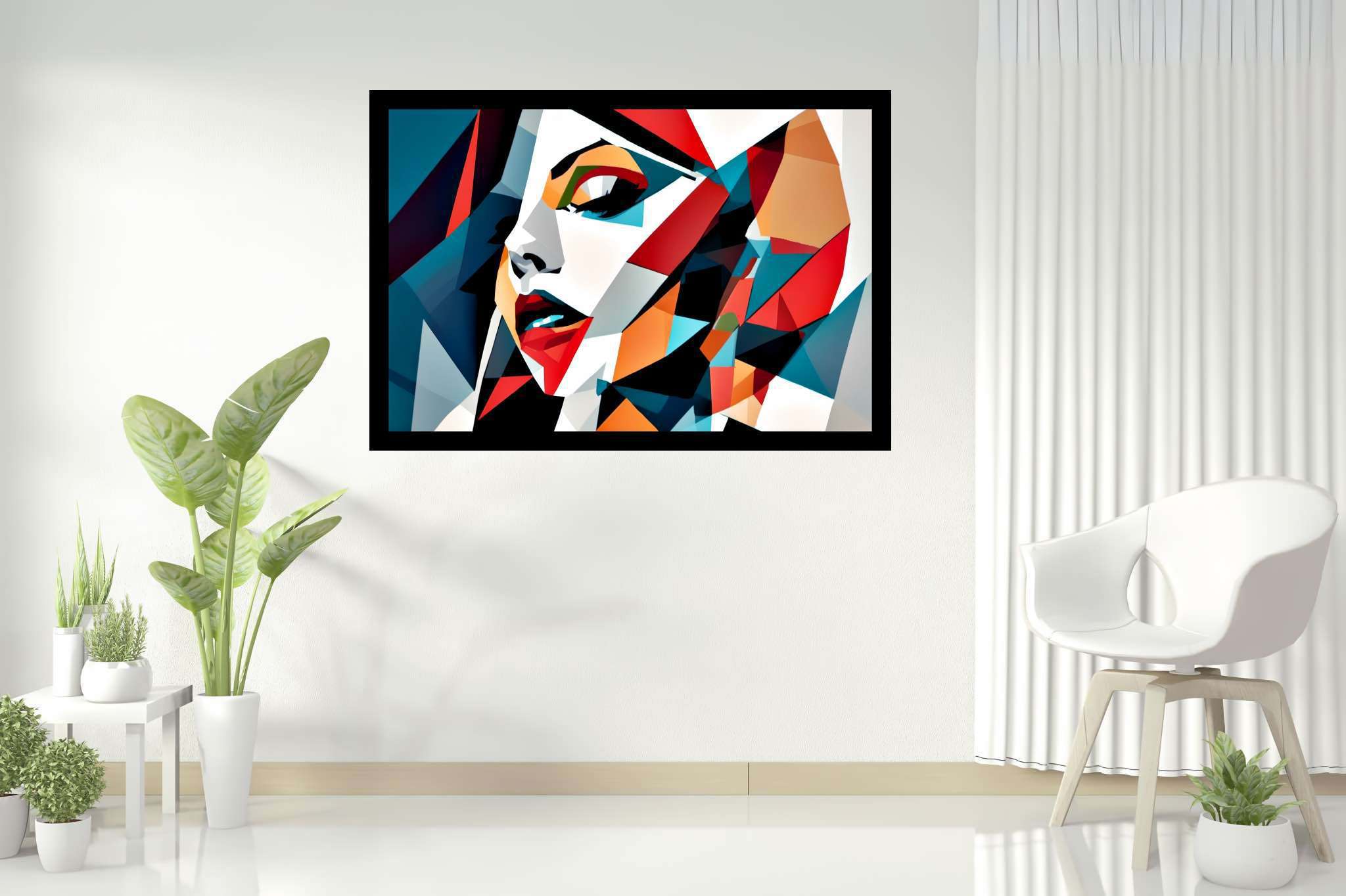 Kaleidoscope gaze: Vibrant portrait art with expressive artwork, in a room with elegant layout, digital art pieces, and interior decorations. The art can be printed on poster, framed poster, canvas, metal, acrylic or wood, exclusively at WallArtZen. Find this exact print at https://wallartzen.com/waz55