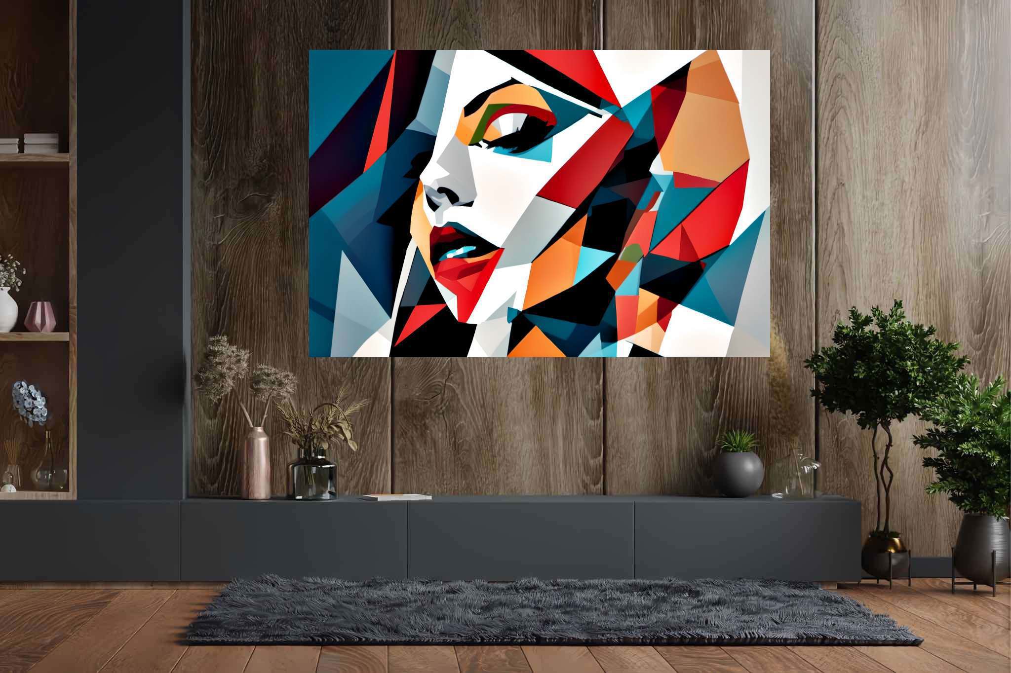 Kaleidoscope gaze: Vibrant portrait art with expressive artwork, in a room with minimalist approach, wall art, and trendy home accents. The art can be printed on poster, framed poster, canvas, metal, acrylic or wood, exclusively at WallArtZen. Find this exact print at https://wallartzen.com/waz55