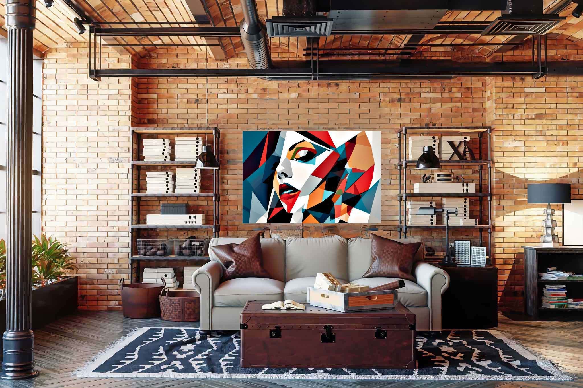Kaleidoscope gaze: Vibrant portrait art with expressive artwork, in a room with classic elegance, framed art, and stylish accessories. The art can be printed on poster, framed poster, canvas, metal, acrylic or wood, exclusively at WallArtZen. Find this exact print at https://wallartzen.com/waz55