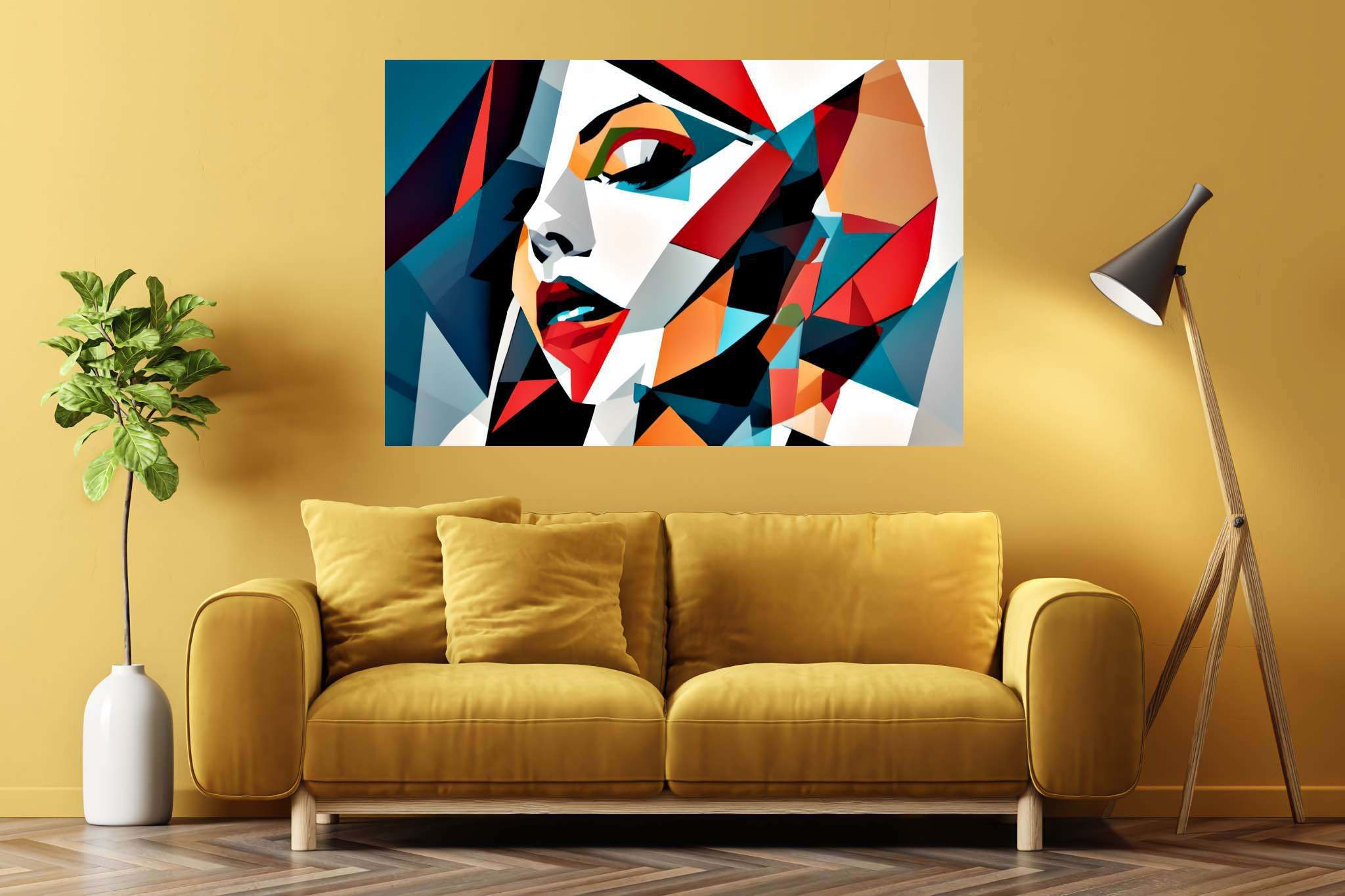 Kaleidoscope gaze: Vibrant portrait art with vibrant portrait art, in a room with innovative layout, canvas prints, and artisan decor. The art can be printed on poster, framed poster, canvas, metal, acrylic or wood, exclusively at WallArtZen. Find this exact print at https://wallartzen.com/waz55