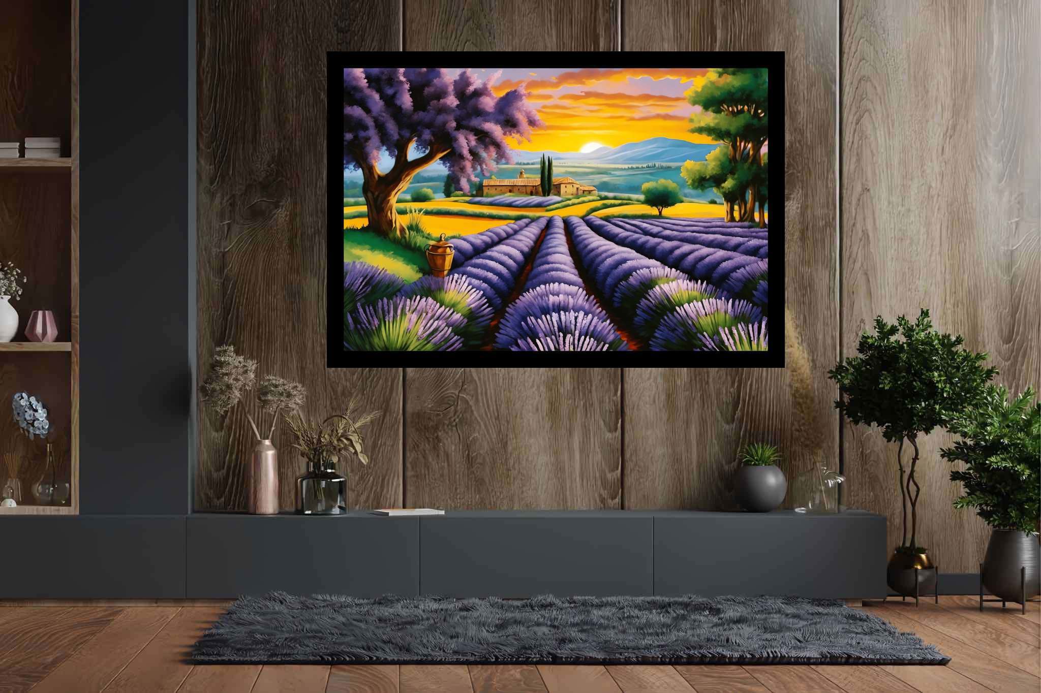 Lavender dreamscape serenity: Purple flower art with floral painting, in a room with urban design, wall hangings, and interior decorations. The art can be printed on poster, framed poster, canvas, metal, acrylic or wood, exclusively at WallArtZen. Find this exact print at https://wallartzen.com/waz56