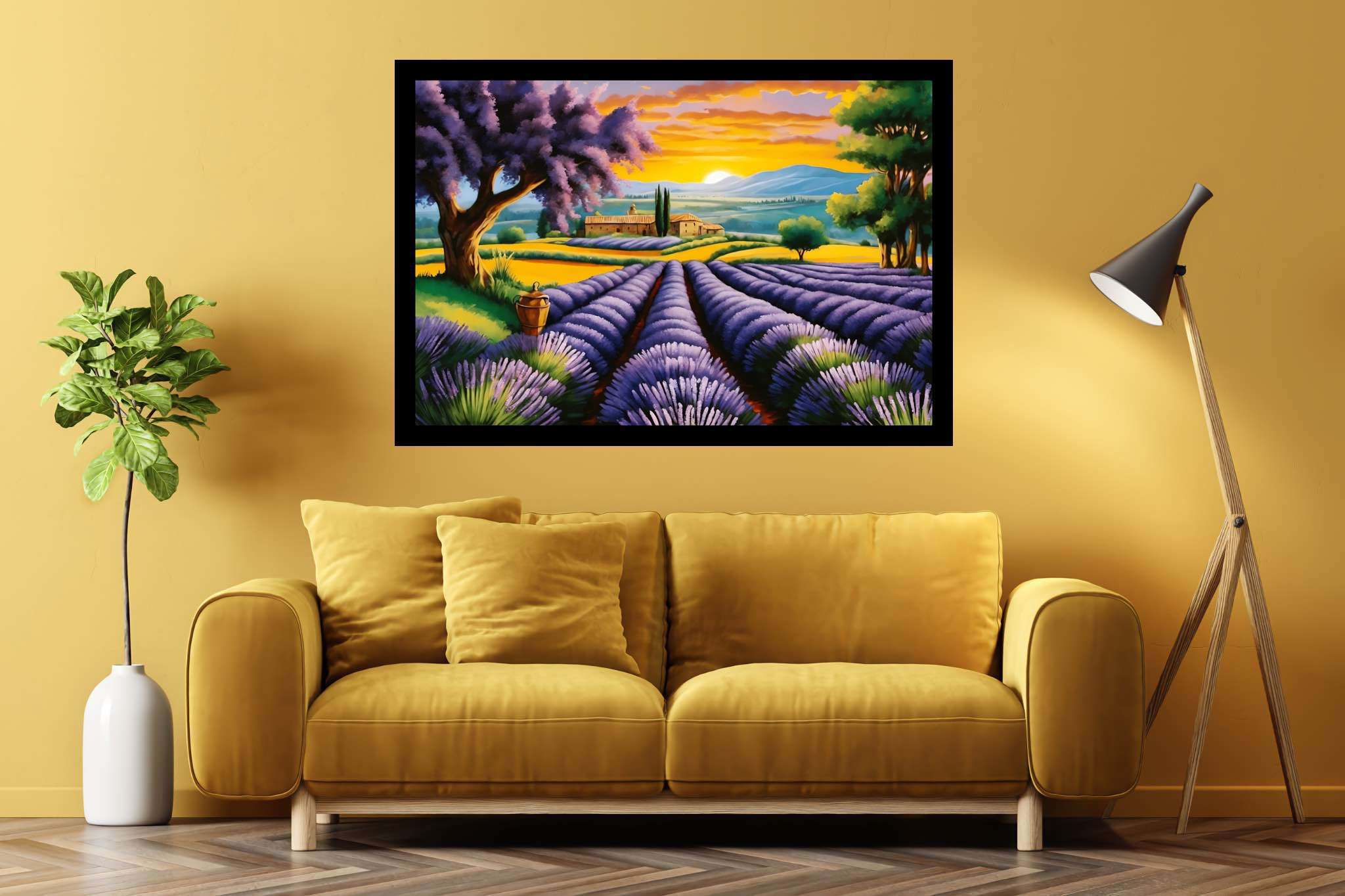 Lavender dreamscape serenity: Purple flower art with abstract floral, in a room with great design, mural artworks, and interior decorations. The art can be printed on poster, framed poster, canvas, metal, acrylic or wood, exclusively at WallArtZen. Find this exact print at https://wallartzen.com/waz56