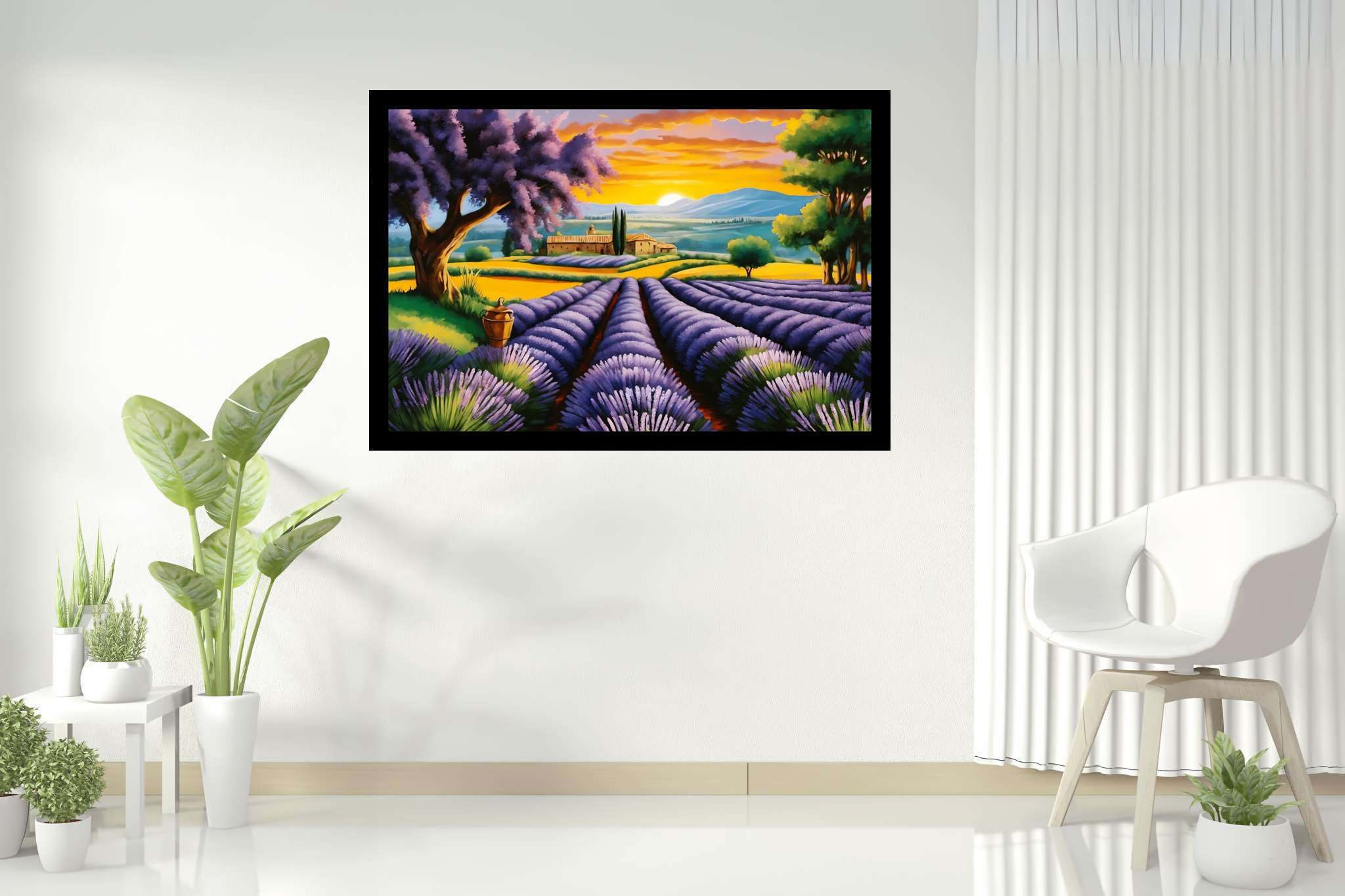 Lavender dreamscape serenity: Purple flower art with purple flower art, in a room with artistic style, fine art prints, and designer furniture. The art can be printed on poster, framed poster, canvas, metal, acrylic or wood, exclusively at WallArtZen. Find this exact print at https://wallartzen.com/waz56