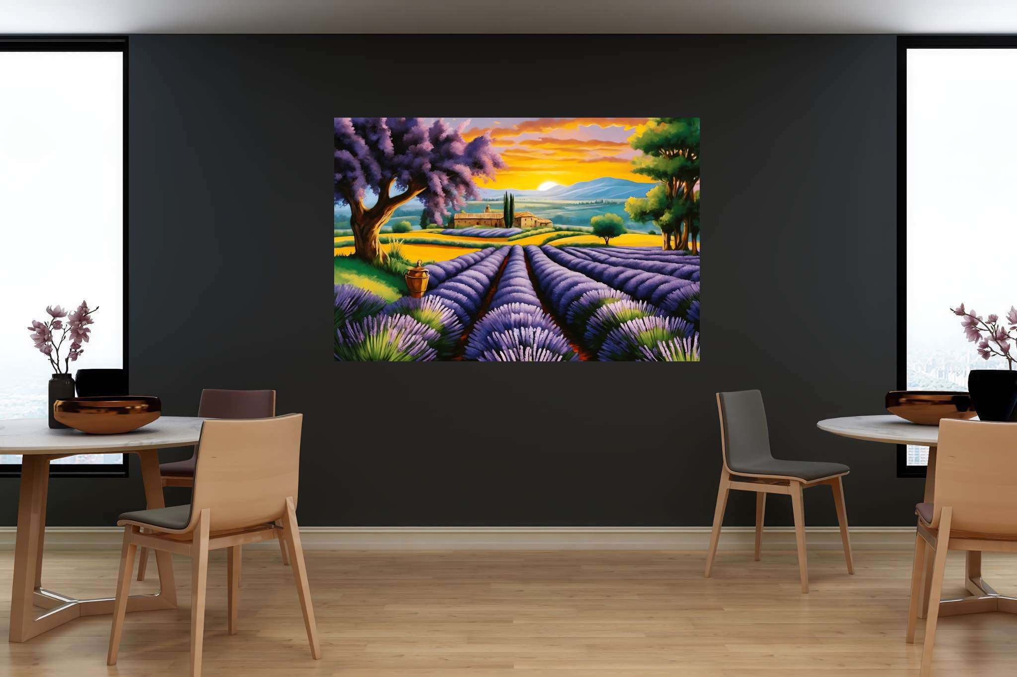 Lavender dreamscape serenity: Purple flower art with botanical art, in a room with chic decor, wall art, and home furnishings. The art can be printed on poster, framed poster, canvas, metal, acrylic or wood, exclusively at WallArtZen. Find this exact print at https://wallartzen.com/waz56