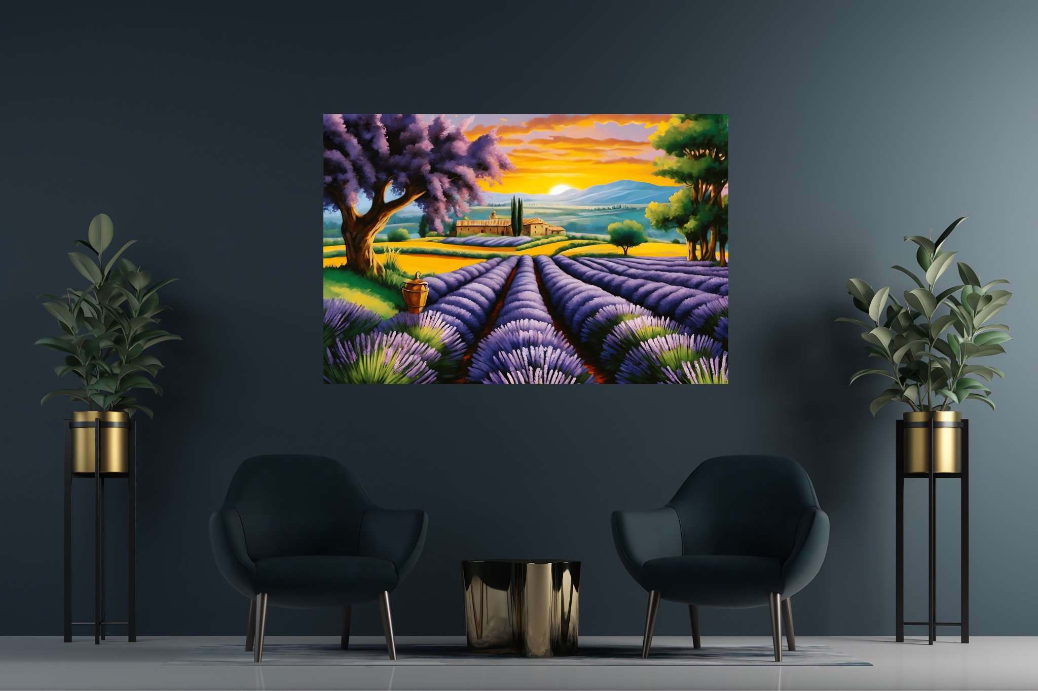 Lavender dreamscape serenity: Purple flower art with garden art, in a room with modern style, canvas prints, and luxe decor. The art can be printed on poster, framed poster, canvas, metal, acrylic or wood, exclusively at WallArtZen. Find this exact print at https://wallartzen.com/waz56