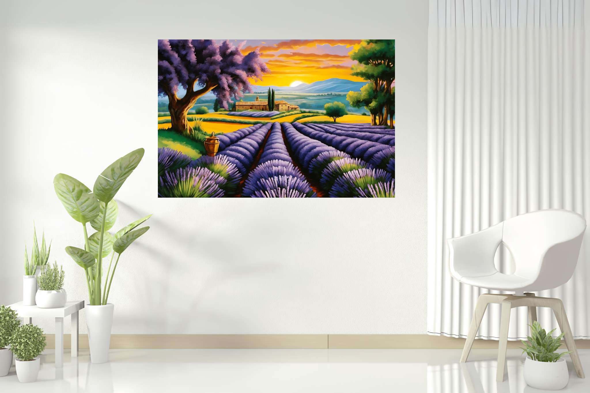 Lavender dreamscape serenity: Purple flower art with flower-themed artwork, in a room with chic decor, abstract paintings, and interior decorations. The art can be printed on poster, framed poster, canvas, metal, acrylic or wood, exclusively at WallArtZen. Find this exact print at https://wallartzen.com/waz56