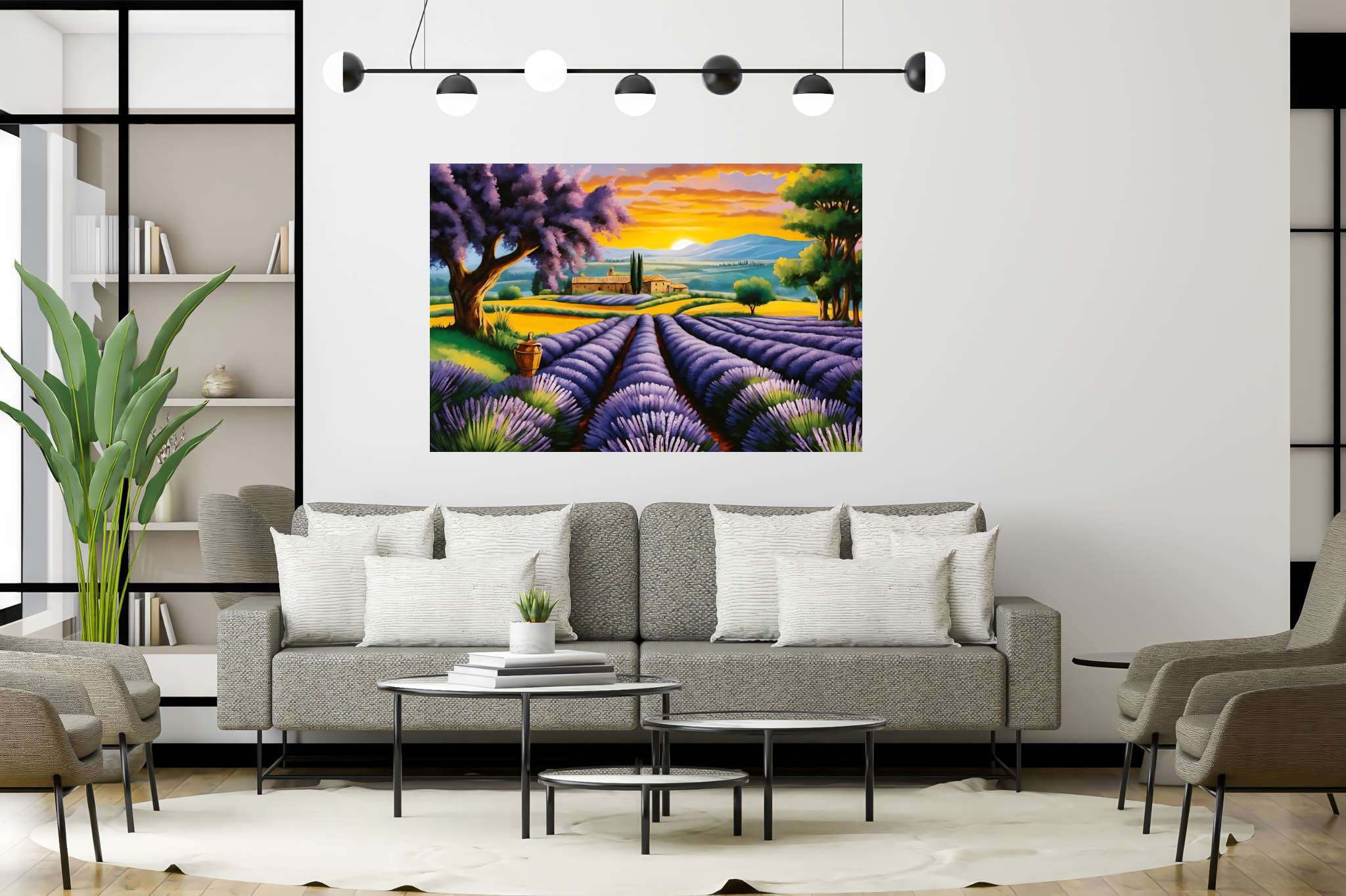 Lavender dreamscape serenity: Purple flower art with flower-themed artwork, in a room with modern style, digital art pieces, and stylish accessories. The art can be printed on poster, framed poster, canvas, metal, acrylic or wood, exclusively at WallArtZen. Find this exact print at https://wallartzen.com/waz56