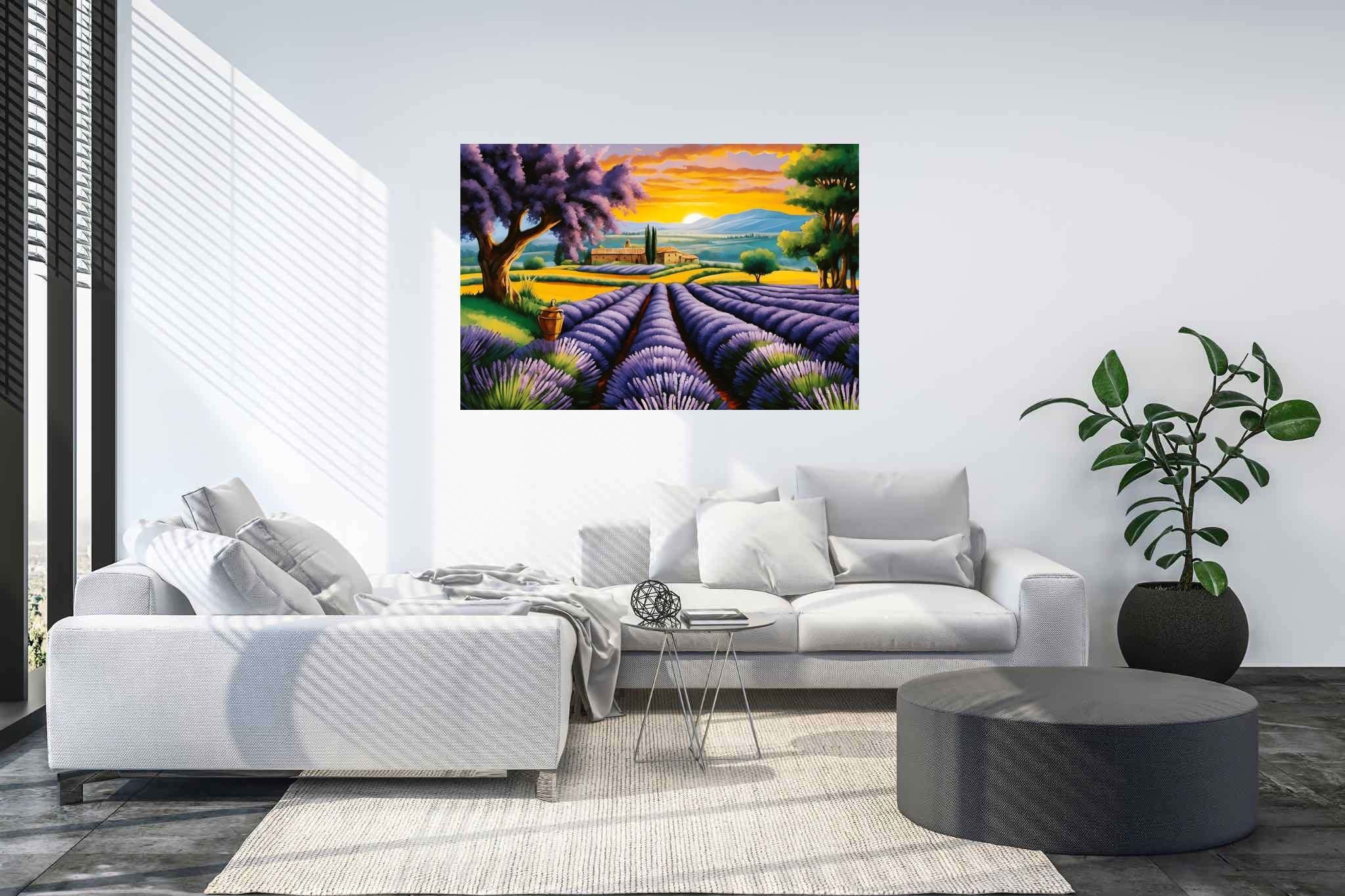 Lavender dreamscape serenity: Purple flower art with purple flower art, in a room with classic elegance, framed art, and stylish accessories. The art can be printed on poster, framed poster, canvas, metal, acrylic or wood, exclusively at WallArtZen. Find this exact print at https://wallartzen.com/waz56