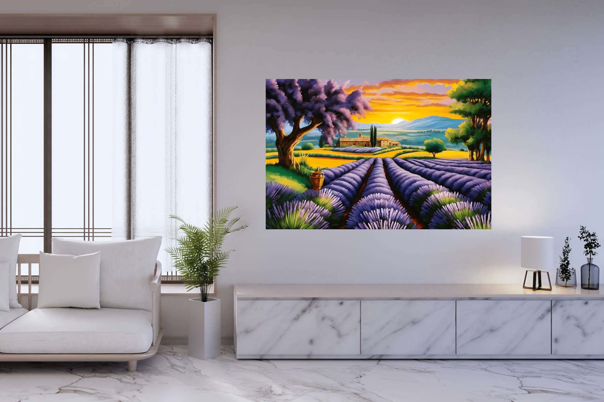Lavender dreamscape serenity: Purple flower art with contemporary art, in a room with urban design, wall hangings, and interior decorations. The art can be printed on poster, framed poster, canvas, metal, acrylic or wood, exclusively at WallArtZen. Find this exact print at https://wallartzen.com/waz56