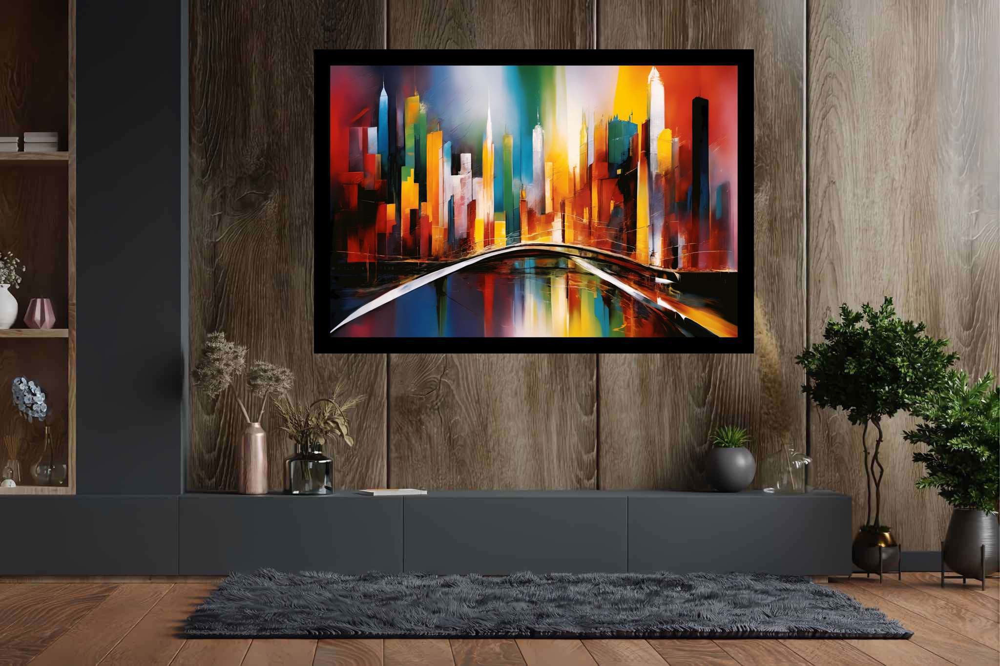 City lights serenade: Vibrant cityscape art with dynamic cityscape illustrations, in a room with elegant layout, framed art, and trendy home accents. The art can be printed on poster, framed poster, canvas, metal, acrylic or wood, exclusively at WallArtZen. Find this exact print at https://wallartzen.com/waz57