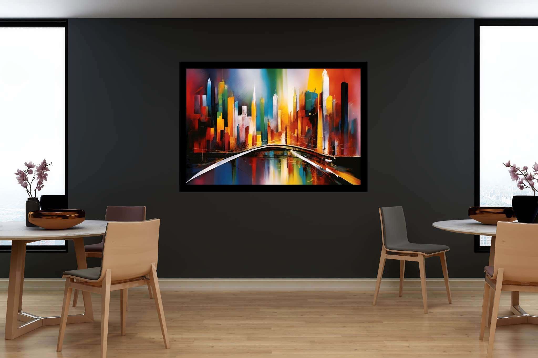 City lights serenade: Vibrant cityscape art with urban skyline paintings, in a room with chic decor, gallery-quality artwork, and home styling items. The art can be printed on poster, framed poster, canvas, metal, acrylic or wood, exclusively at WallArtZen. Find this exact print at https://wallartzen.com/waz57