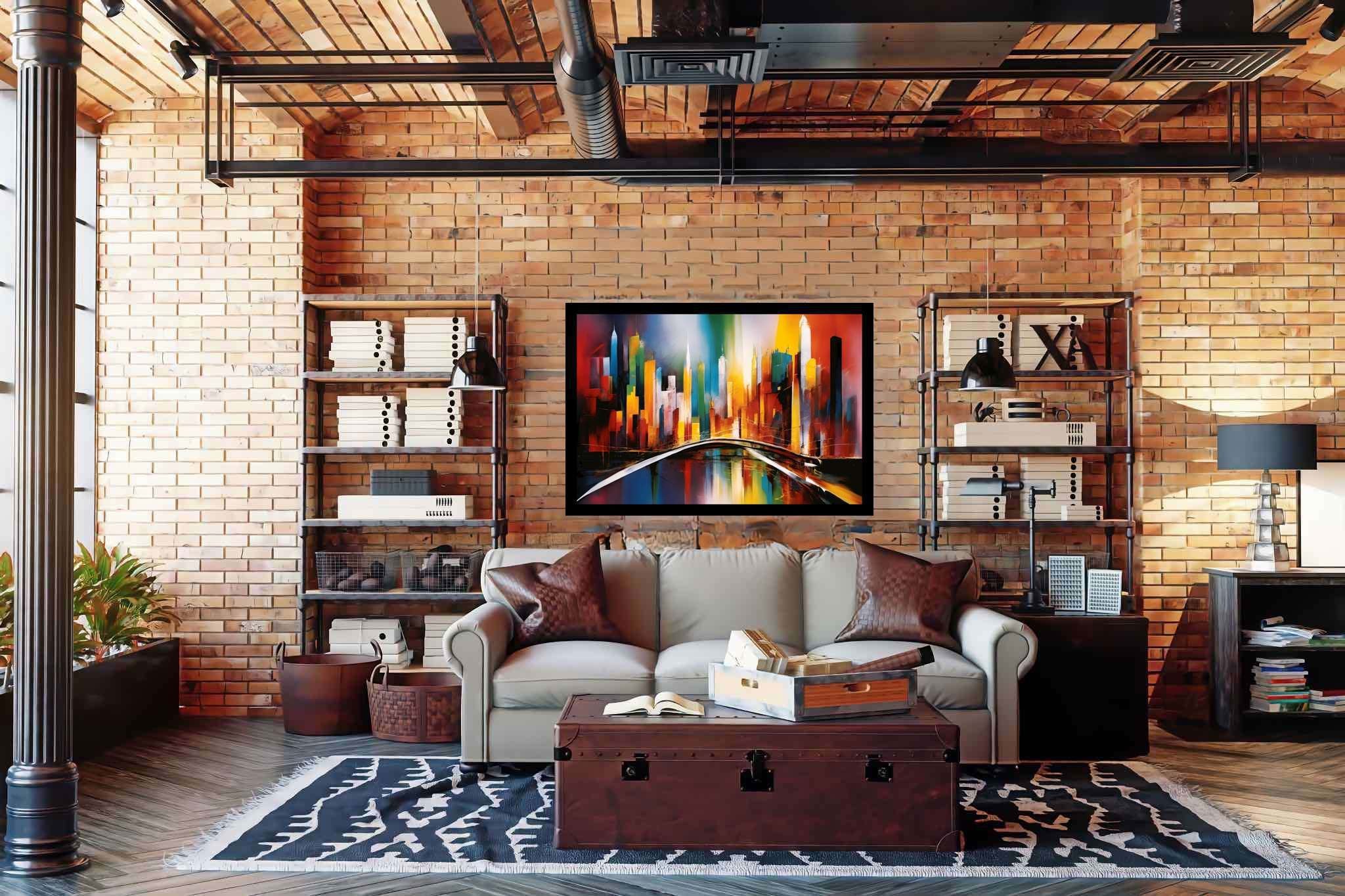City lights serenade: Vibrant cityscape art with vibrant cityscape wall decor, in a room with urban design, fine art prints, and stylish accessories. The art can be printed on poster, framed poster, canvas, metal, acrylic or wood, exclusively at WallArtZen. Find this exact print at https://wallartzen.com/waz57