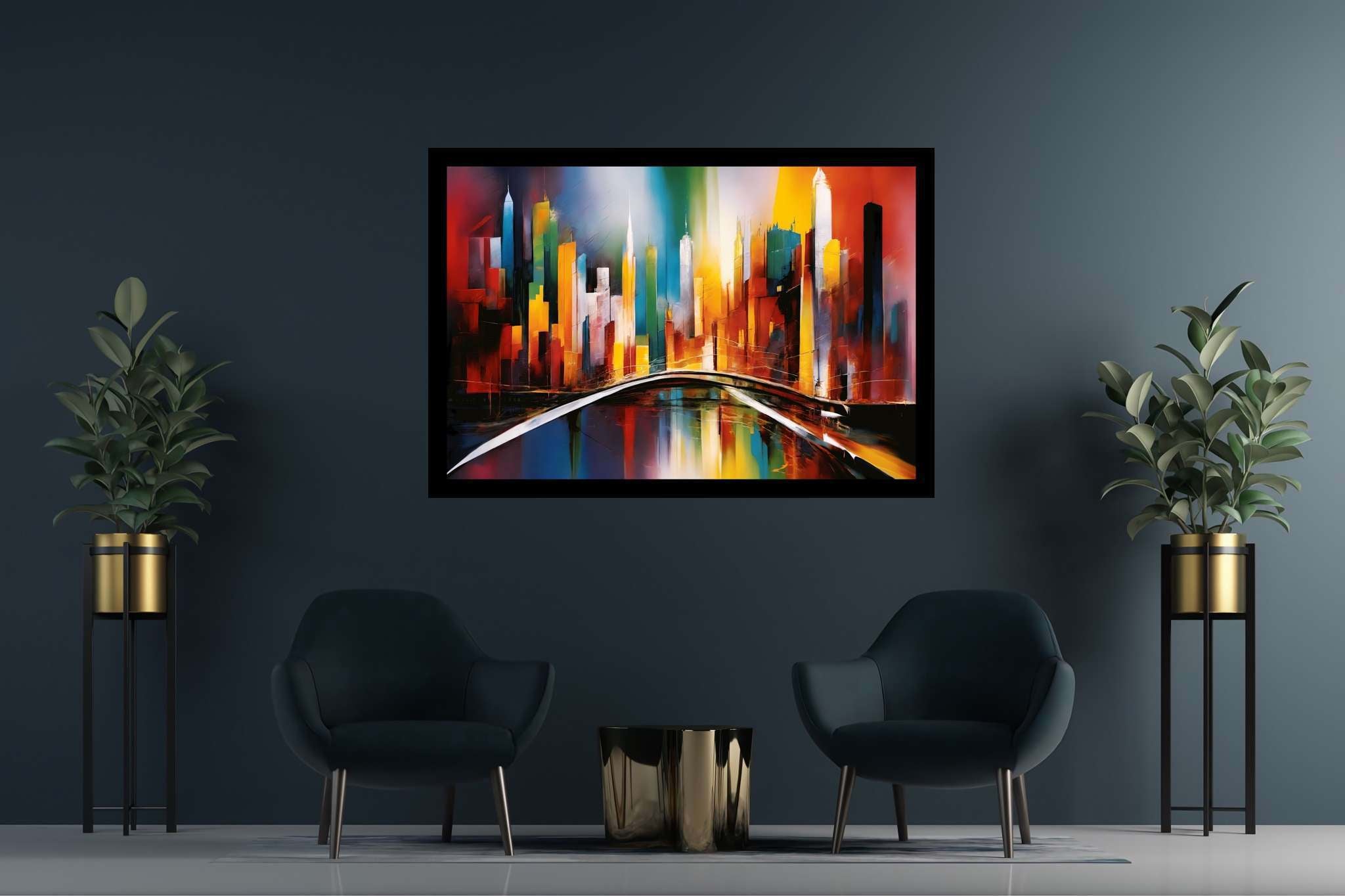 City lights serenade: Vibrant cityscape art with bustling cityscape drawings, in a room with chic decor, wall hangings, and artisan decor. The art can be printed on poster, framed poster, canvas, metal, acrylic or wood, exclusively at WallArtZen. Find this exact print at https://wallartzen.com/waz57
