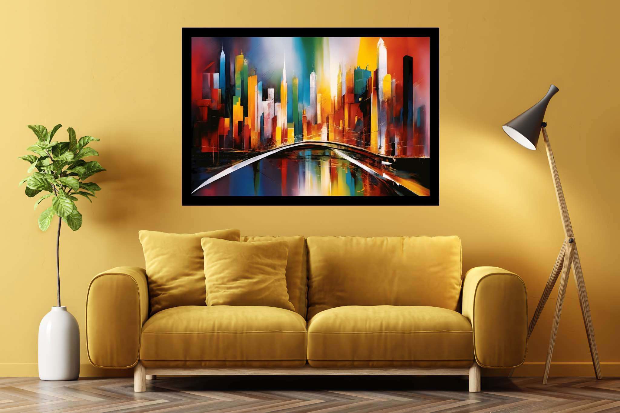 City lights serenade: Vibrant cityscape art with colorful cityscape artwork, in a room with innovative layout, fine art prints, and stylish accessories. The art can be printed on poster, framed poster, canvas, metal, acrylic or wood, exclusively at WallArtZen. Find this exact print at https://wallartzen.com/waz57