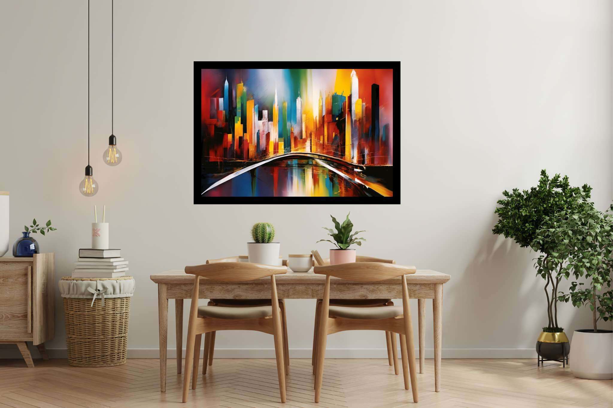 City lights serenade: Vibrant cityscape art with vibrant cityscape wall decor, in a room with innovative layout, wall hangings, and luxe decor. The art can be printed on poster, framed poster, canvas, metal, acrylic or wood, exclusively at WallArtZen. Find this exact print at https://wallartzen.com/waz57