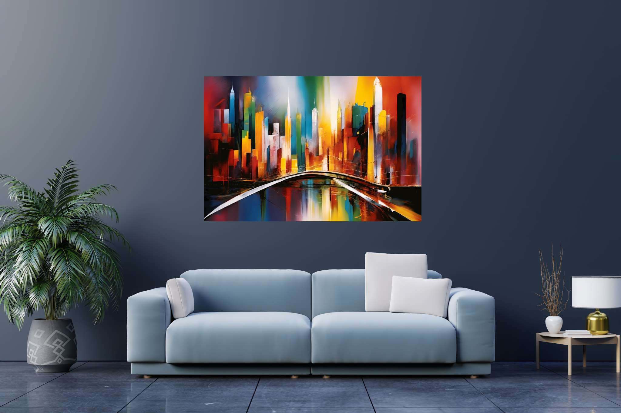 City lights serenade: Vibrant cityscape art with vibrant cityscape prints, in a room with artistic style, fine art prints, and artisan decor. The art can be printed on poster, framed poster, canvas, metal, acrylic or wood, exclusively at WallArtZen. Find this exact print at https://wallartzen.com/waz57