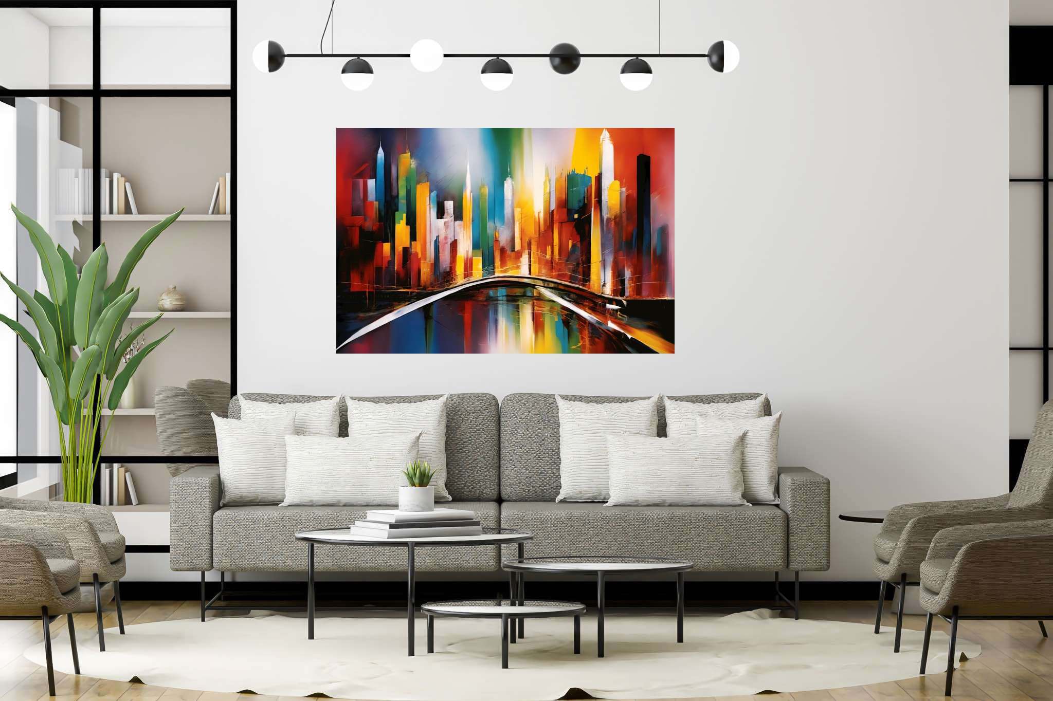 City lights serenade: Vibrant cityscape art with vivid cityscape prints, in a room with contemporary flair, fine art prints, and stylish accessories. The art can be printed on poster, framed poster, canvas, metal, acrylic or wood, exclusively at WallArtZen. Find this exact print at https://wallartzen.com/waz57