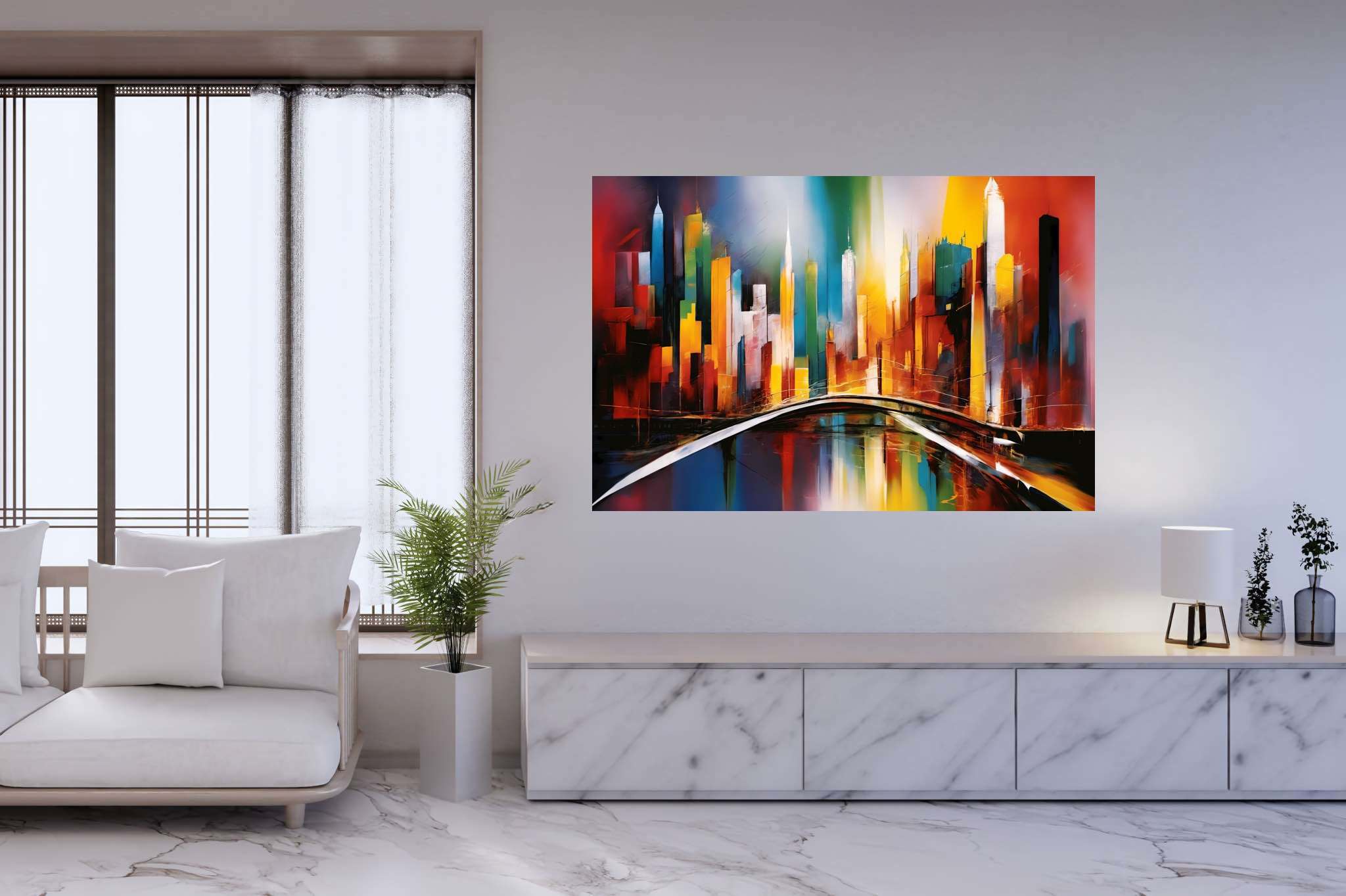 City lights serenade: Vibrant cityscape art with energetic cityscape images, in a room with innovative layout, gallery-quality artwork, and elegant home goods. The art can be printed on poster, framed poster, canvas, metal, acrylic or wood, exclusively at WallArtZen. Find this exact print at https://wallartzen.com/waz57