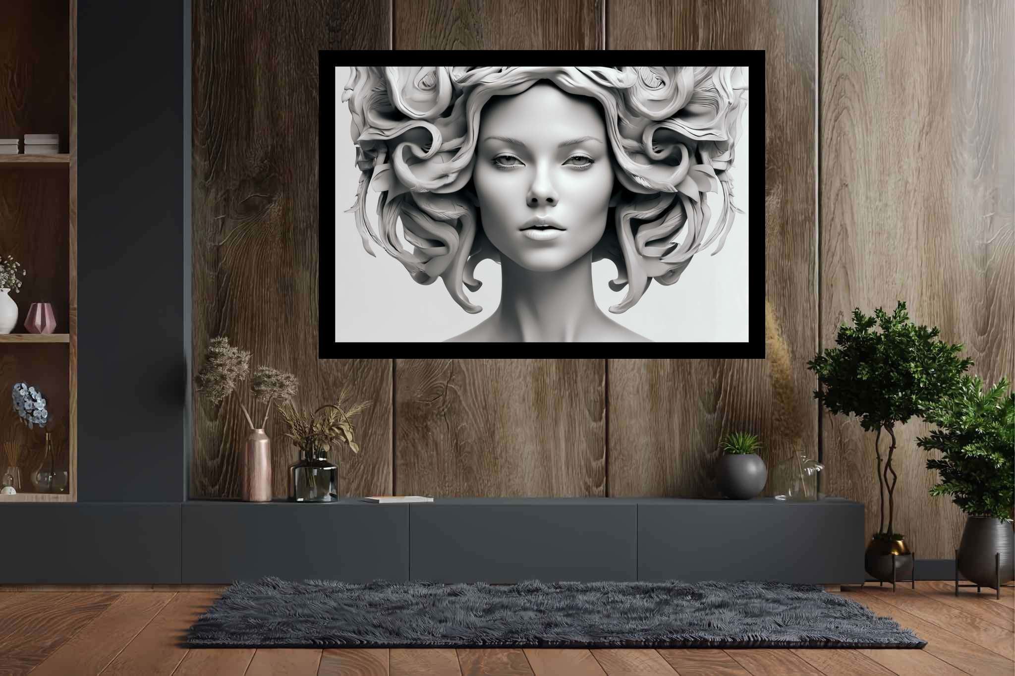 Elegance in silence: Sculpture art with traditional sculpture, in a room with artistic style, digital art pieces, and home styling items. The art can be printed on poster, framed poster, canvas, metal, acrylic or wood, exclusively at WallArtZen. Find this exact print at https://wallartzen.com/waz58