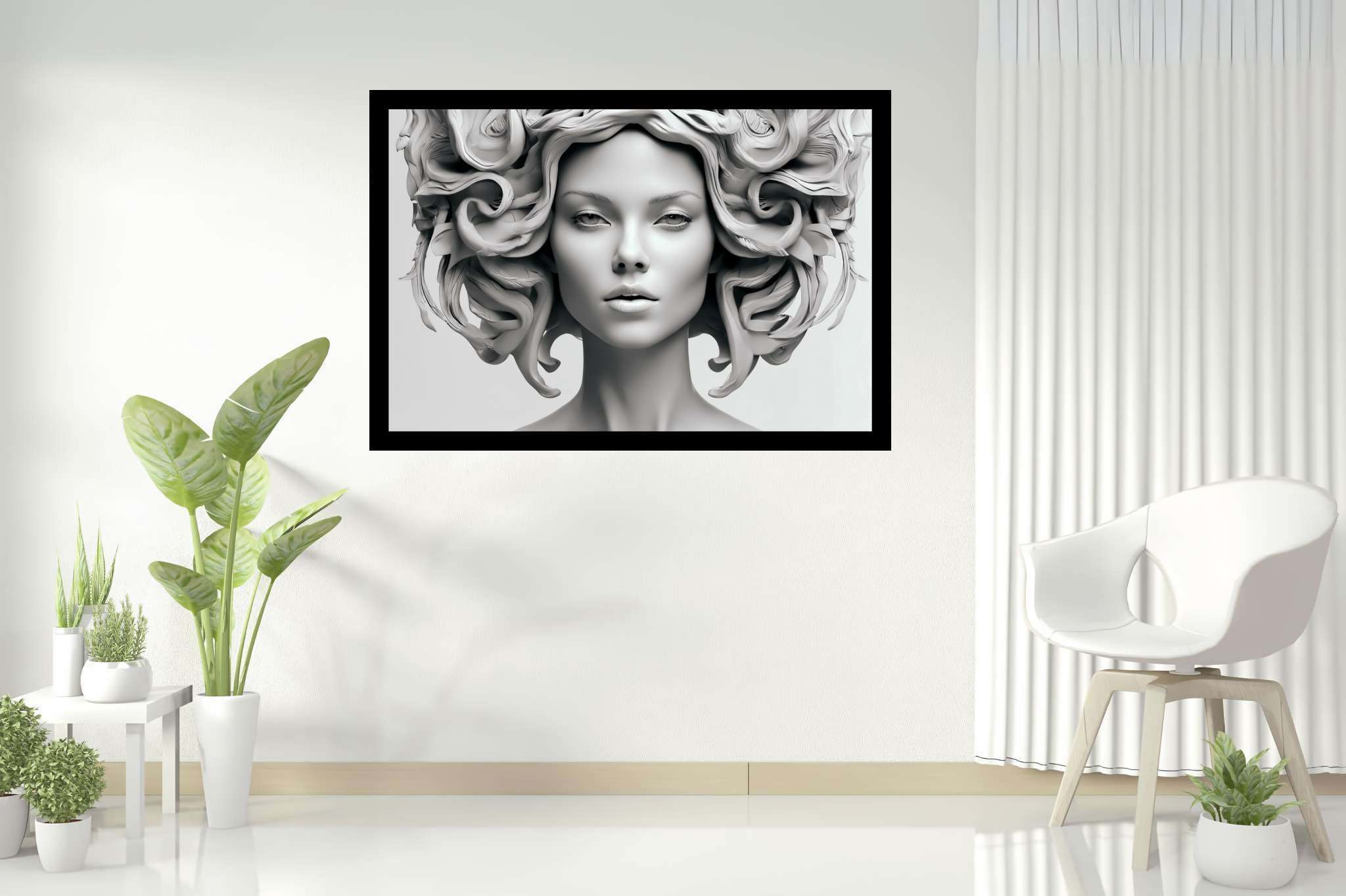 Elegance in silence: Sculpture art with modern sculptural expression, in a room with great design, digital art pieces, and designer furniture. The art can be printed on poster, framed poster, canvas, metal, acrylic or wood, exclusively at WallArtZen. Find this exact print at https://wallartzen.com/waz58