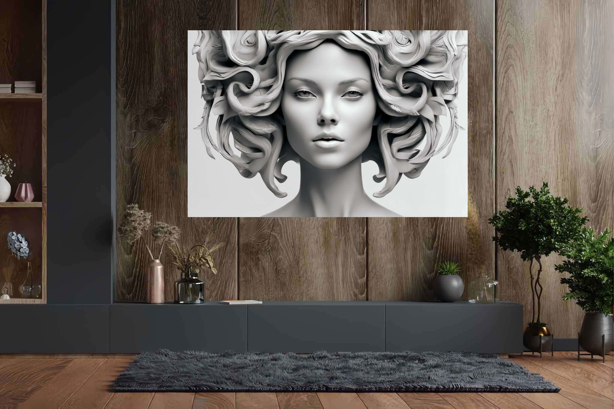 Elegance in silence: Sculpture art with sculptural techniques, in a room with innovative layout, canvas prints, and home furnishings. The art can be printed on poster, framed poster, canvas, metal, acrylic or wood, exclusively at WallArtZen. Find this exact print at https://wallartzen.com/waz58