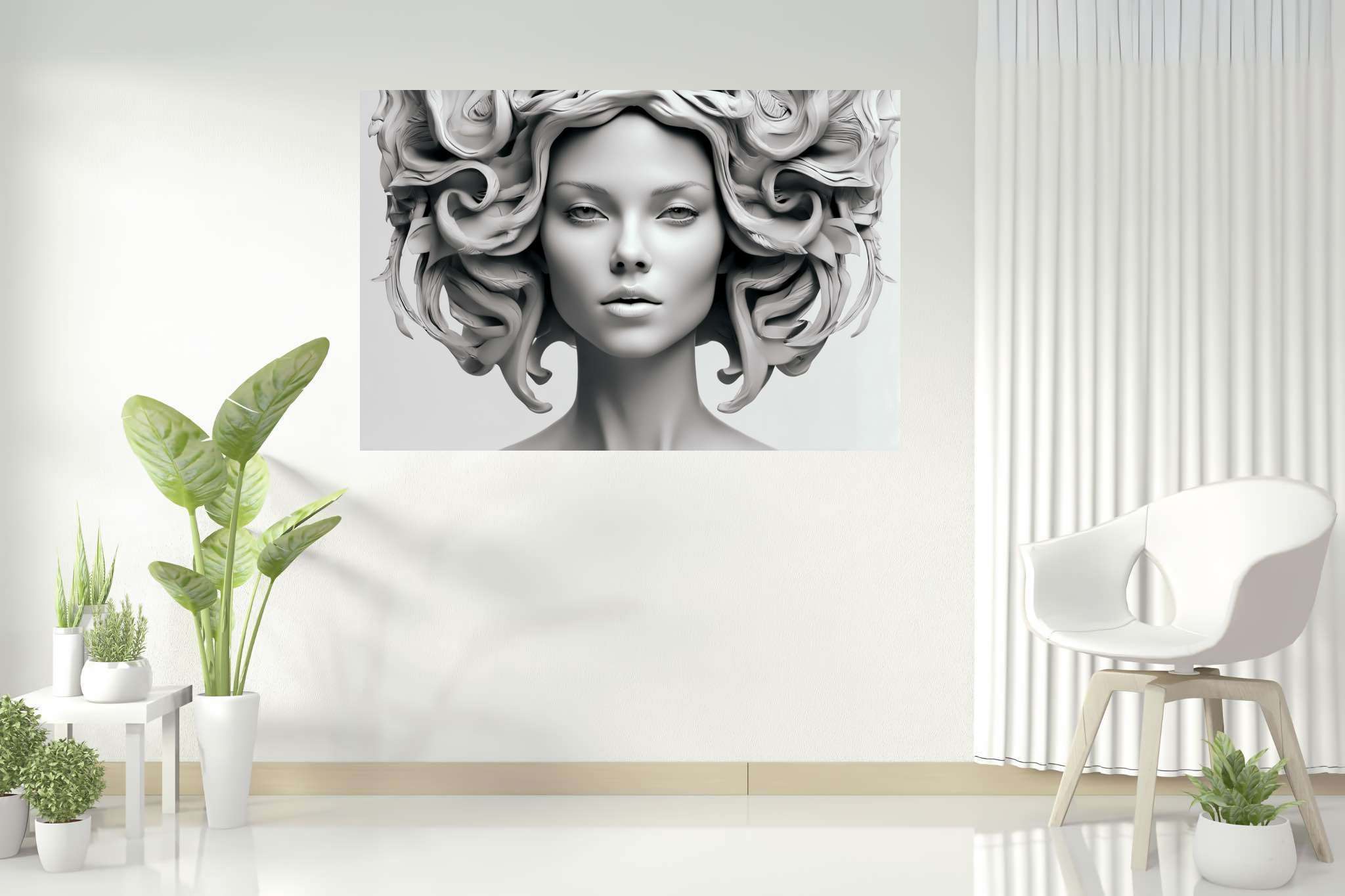 Elegance in silence: Sculpture art with sculpted beauty, in a room with classic elegance, mural artworks, and trendy home accents. The art can be printed on poster, framed poster, canvas, metal, acrylic or wood, exclusively at WallArtZen. Find this exact print at https://wallartzen.com/waz58