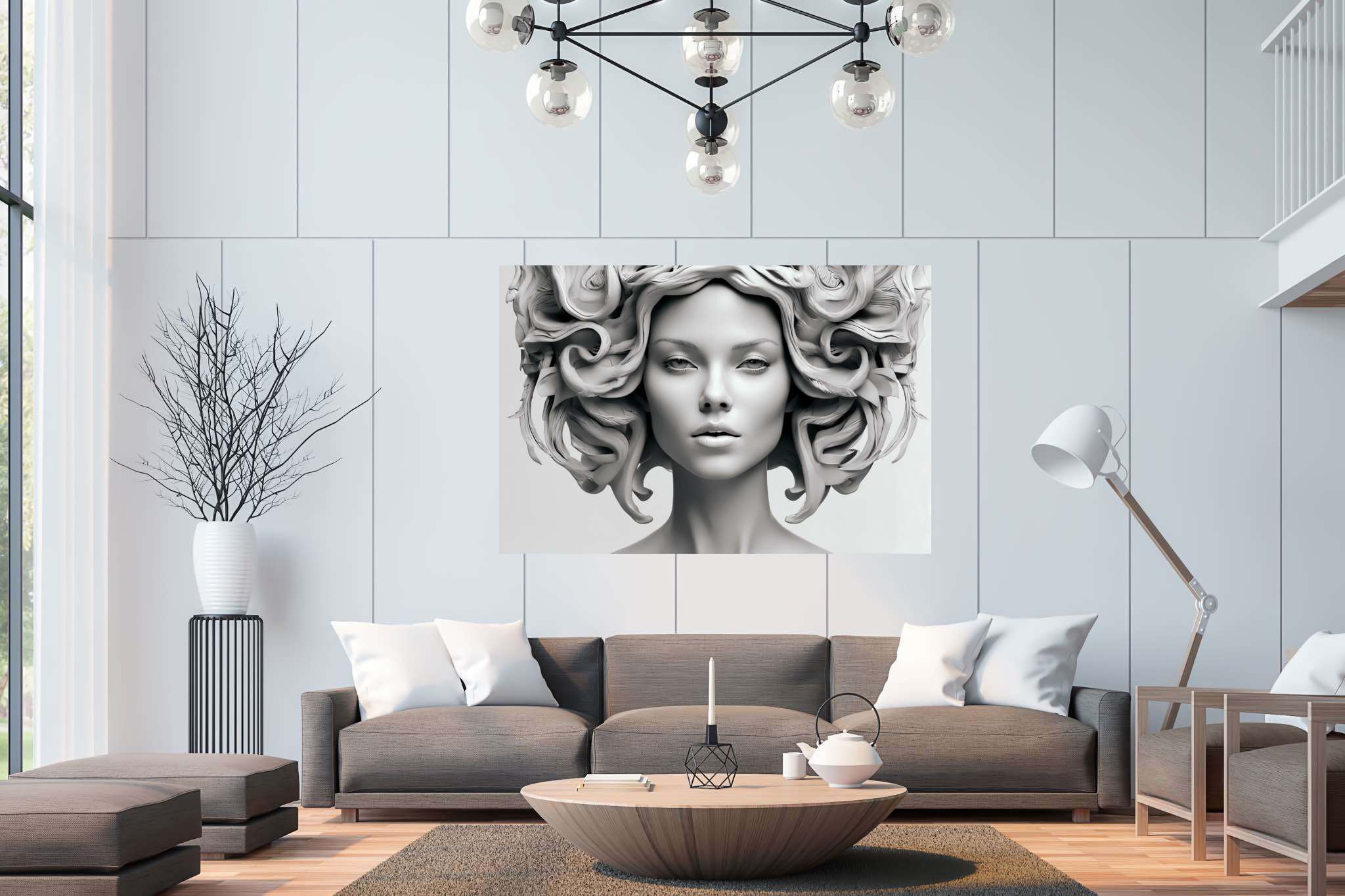 Elegance in silence: Sculpture art with traditional sculpture, in a room with minimalist approach, wall hangings, and trendy home accents. The art can be printed on poster, framed poster, canvas, metal, acrylic or wood, exclusively at WallArtZen. Find this exact print at https://wallartzen.com/waz58