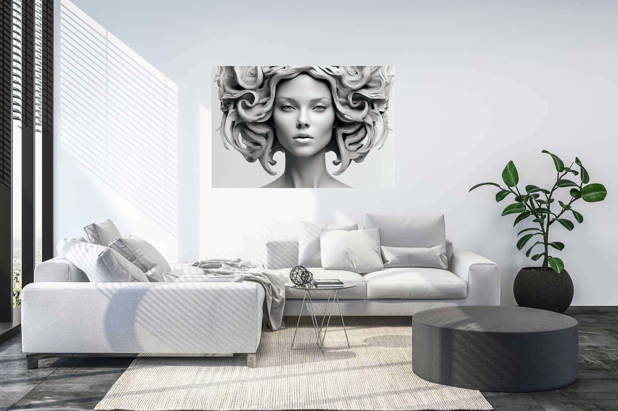 Elegance in silence: Sculpture art with sculptural masterpiece, in a room with contemporary flair, photographic wall art, and home styling items. The art can be printed on poster, framed poster, canvas, metal, acrylic or wood, exclusively at WallArtZen. Find this exact print at https://wallartzen.com/waz58