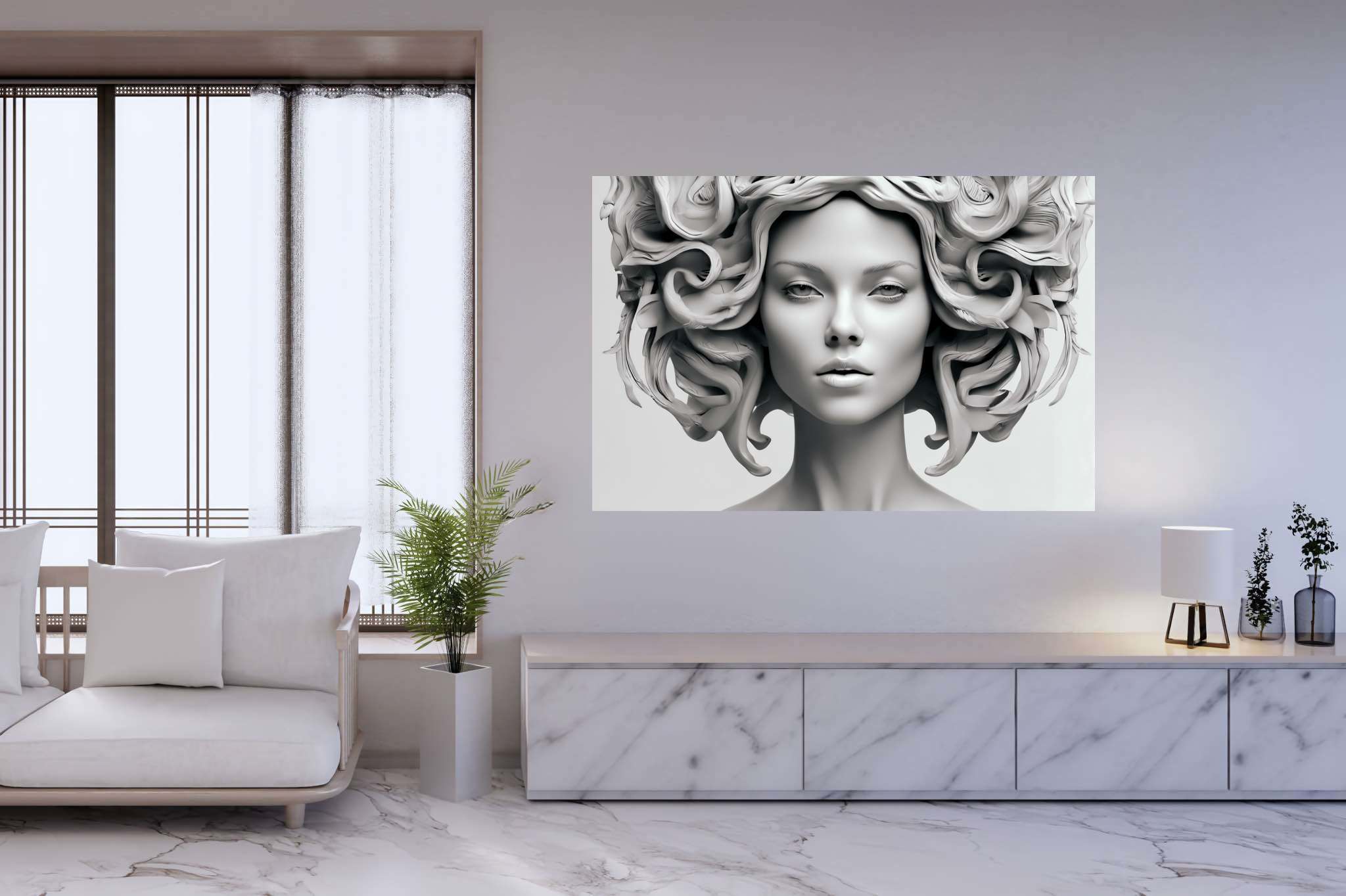 Elegance in silence: Sculpture art with sculpted beauty, in a room with classic elegance, photographic wall art, and luxe decor. The art can be printed on poster, framed poster, canvas, metal, acrylic or wood, exclusively at WallArtZen. Find this exact print at https://wallartzen.com/waz58