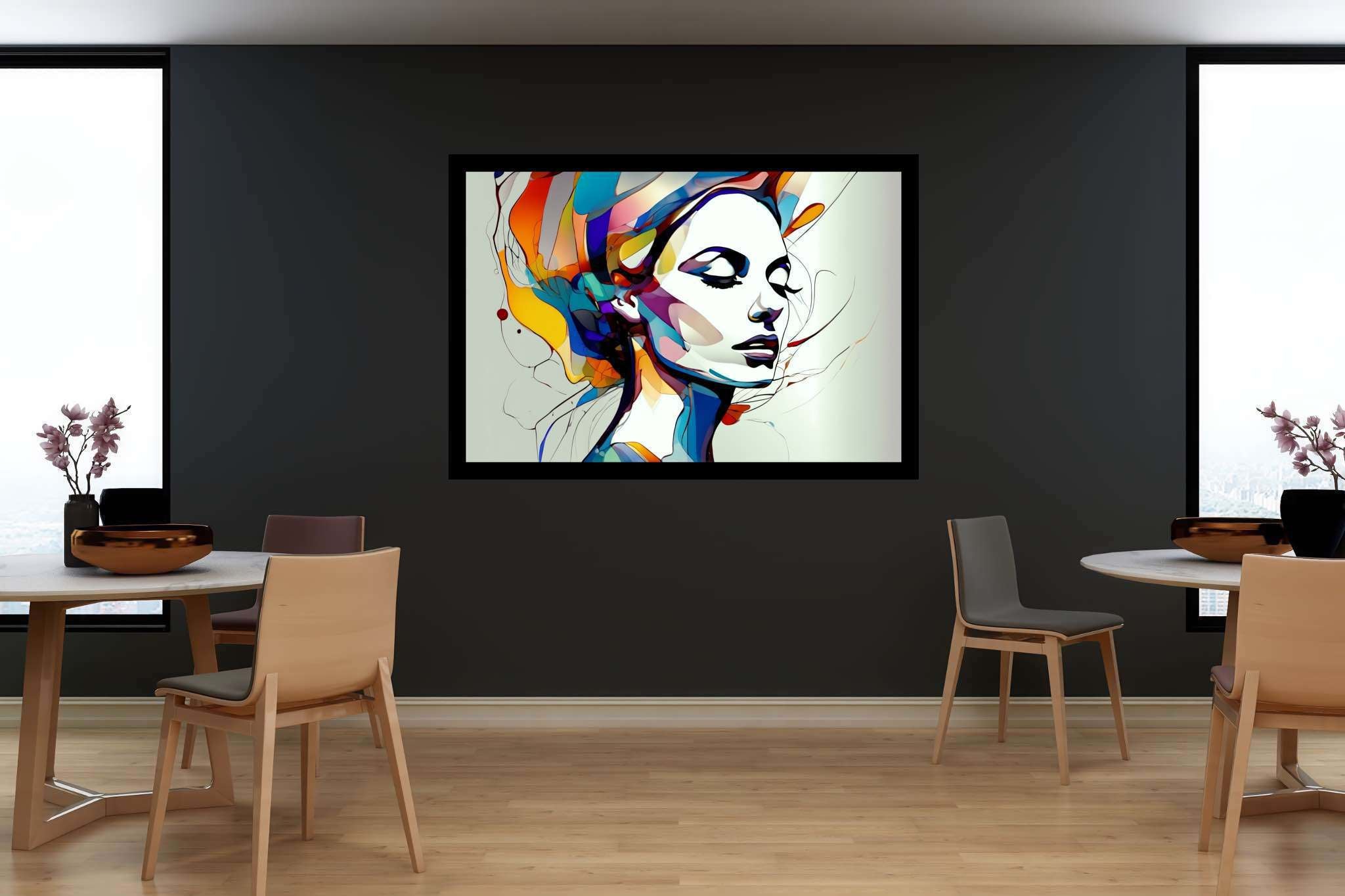 Slumbering muse amidst zephyrs: Dreamy portrait art with surrealistic portraits, in a room with artistic style, abstract paintings, and artisan decor. The art can be printed on poster, framed poster, canvas, metal, acrylic or wood, exclusively at WallArtZen. Find this exact print at https://wallartzen.com/waz59