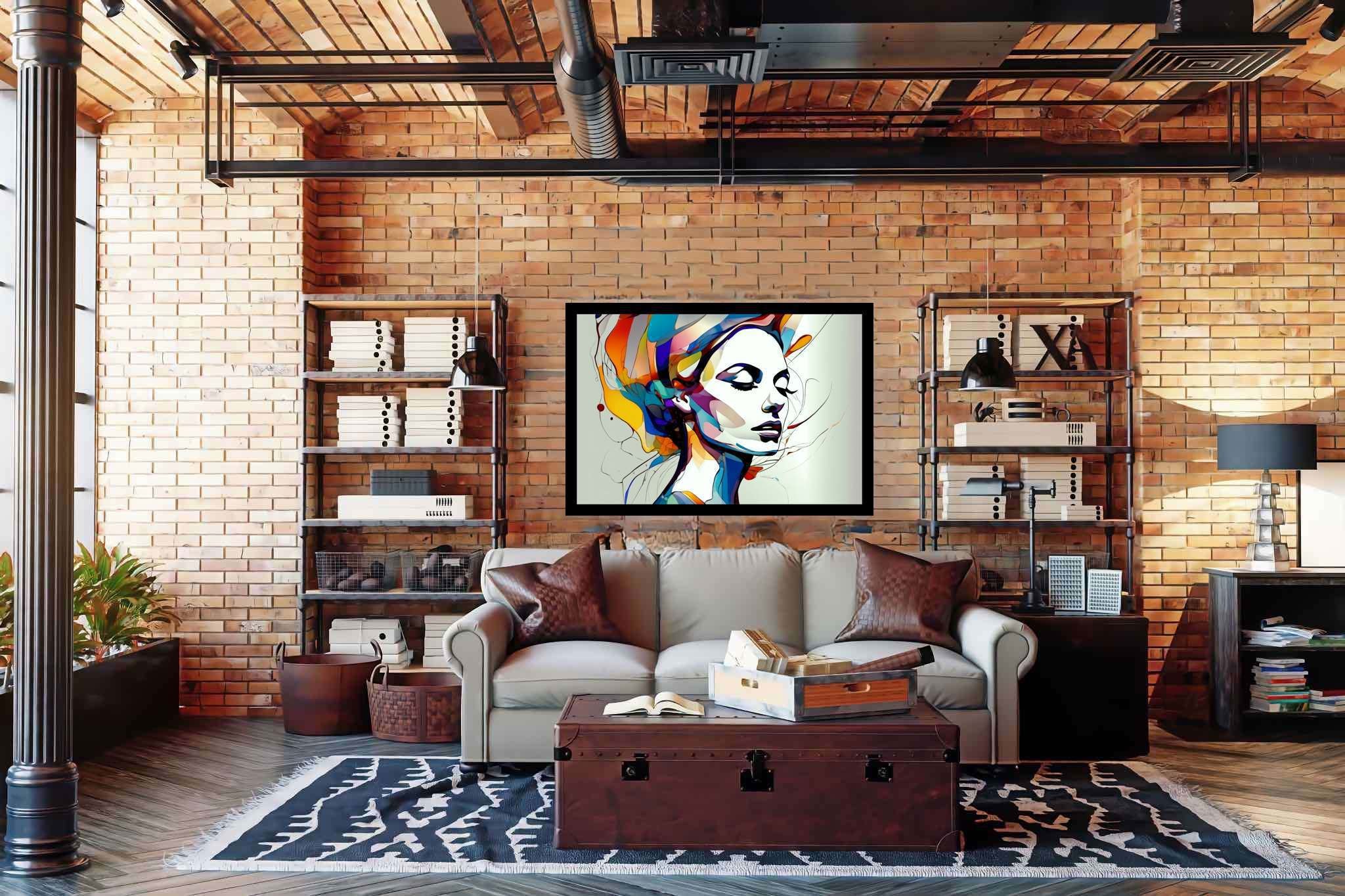 Slumbering muse amidst zephyrs: Dreamy portrait art with ethereal paintings, in a room with great design, canvas prints, and elegant home goods. The art can be printed on poster, framed poster, canvas, metal, acrylic or wood, exclusively at WallArtZen. Find this exact print at https://wallartzen.com/waz59