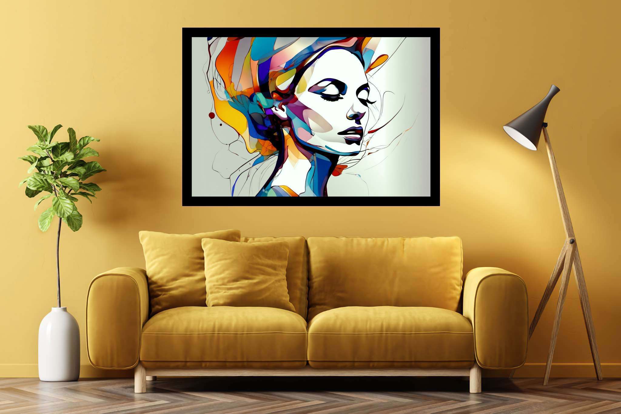 Slumbering muse amidst zephyrs: Dreamy portrait art with surrealistic portraits, in a room with modern style, digital art pieces, and stylish accessories. The art can be printed on poster, framed poster, canvas, metal, acrylic or wood, exclusively at WallArtZen. Find this exact print at https://wallartzen.com/waz59