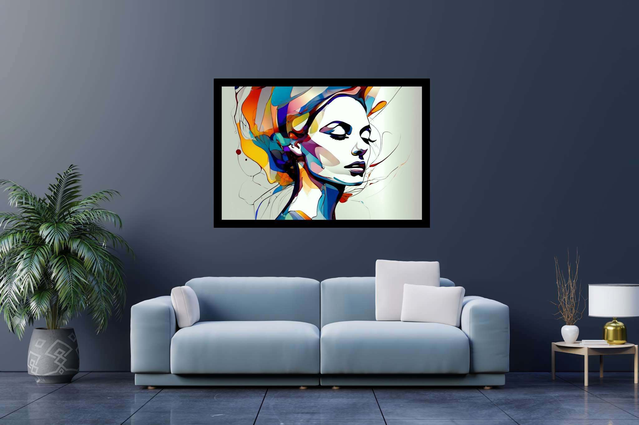 Slumbering muse amidst zephyrs: Dreamy portrait art with imaginative portraits, in a room with great design, abstract paintings, and elegant home goods. The art can be printed on poster, framed poster, canvas, metal, acrylic or wood, exclusively at WallArtZen. Find this exact print at https://wallartzen.com/waz59