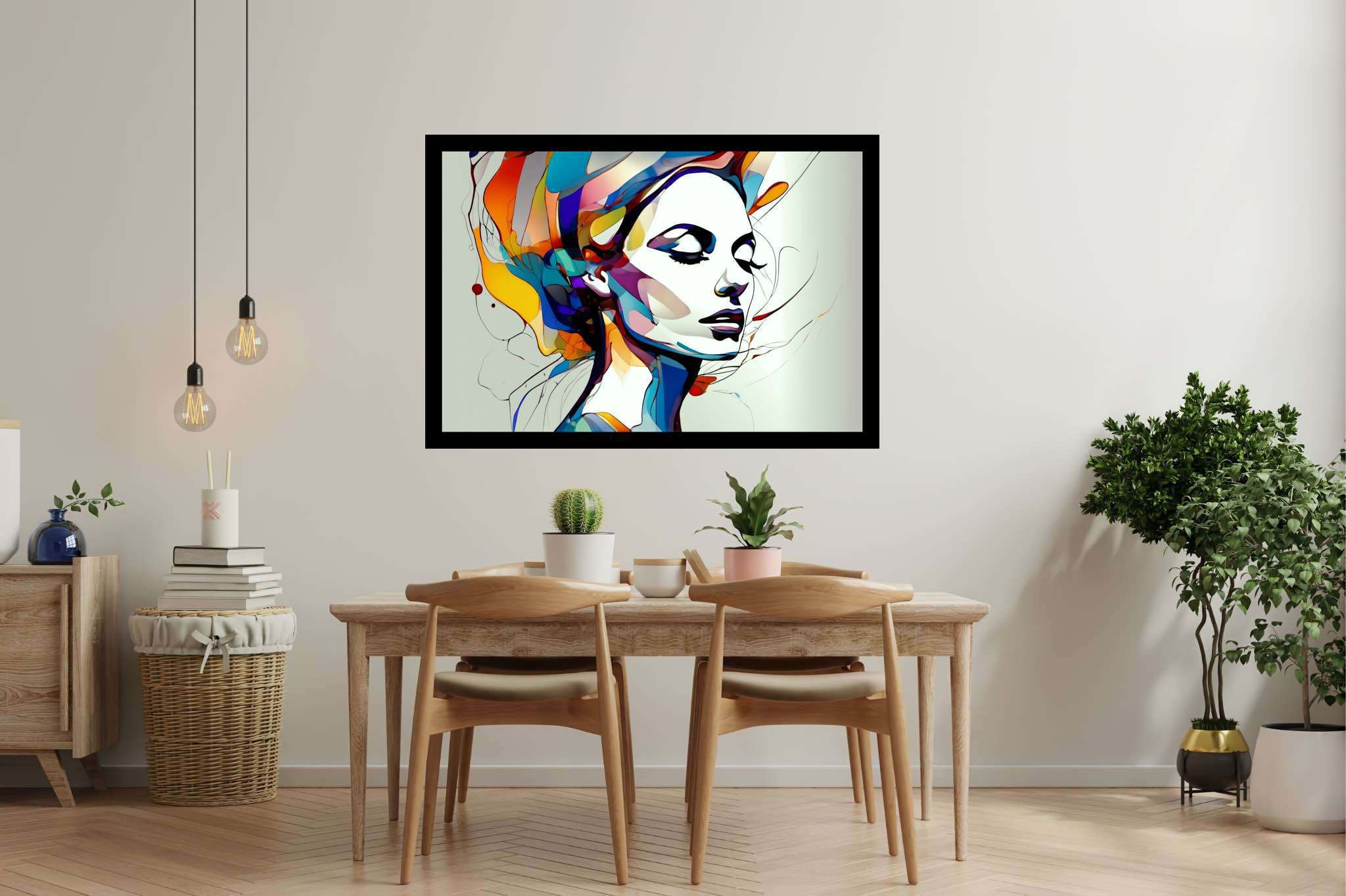 Slumbering muse amidst zephyrs: Dreamy portrait art with evocative paintings, in a room with modern style, framed art, and decorative pieces. The art can be printed on poster, framed poster, canvas, metal, acrylic or wood, exclusively at WallArtZen. Find this exact print at https://wallartzen.com/waz59