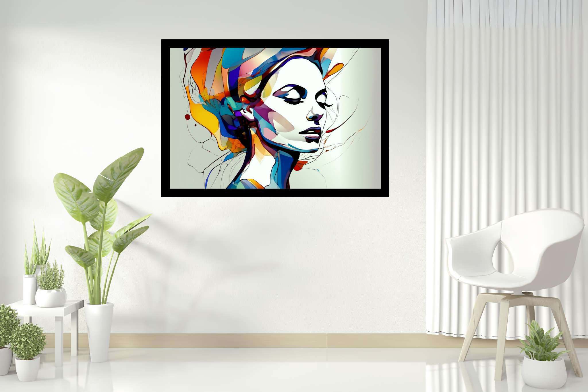 Slumbering muse amidst zephyrs: Dreamy portrait art with enchanting portraits, in a room with minimalist approach, abstract paintings, and interior decorations. The art can be printed on poster, framed poster, canvas, metal, acrylic or wood, exclusively at WallArtZen. Find this exact print at https://wallartzen.com/waz59