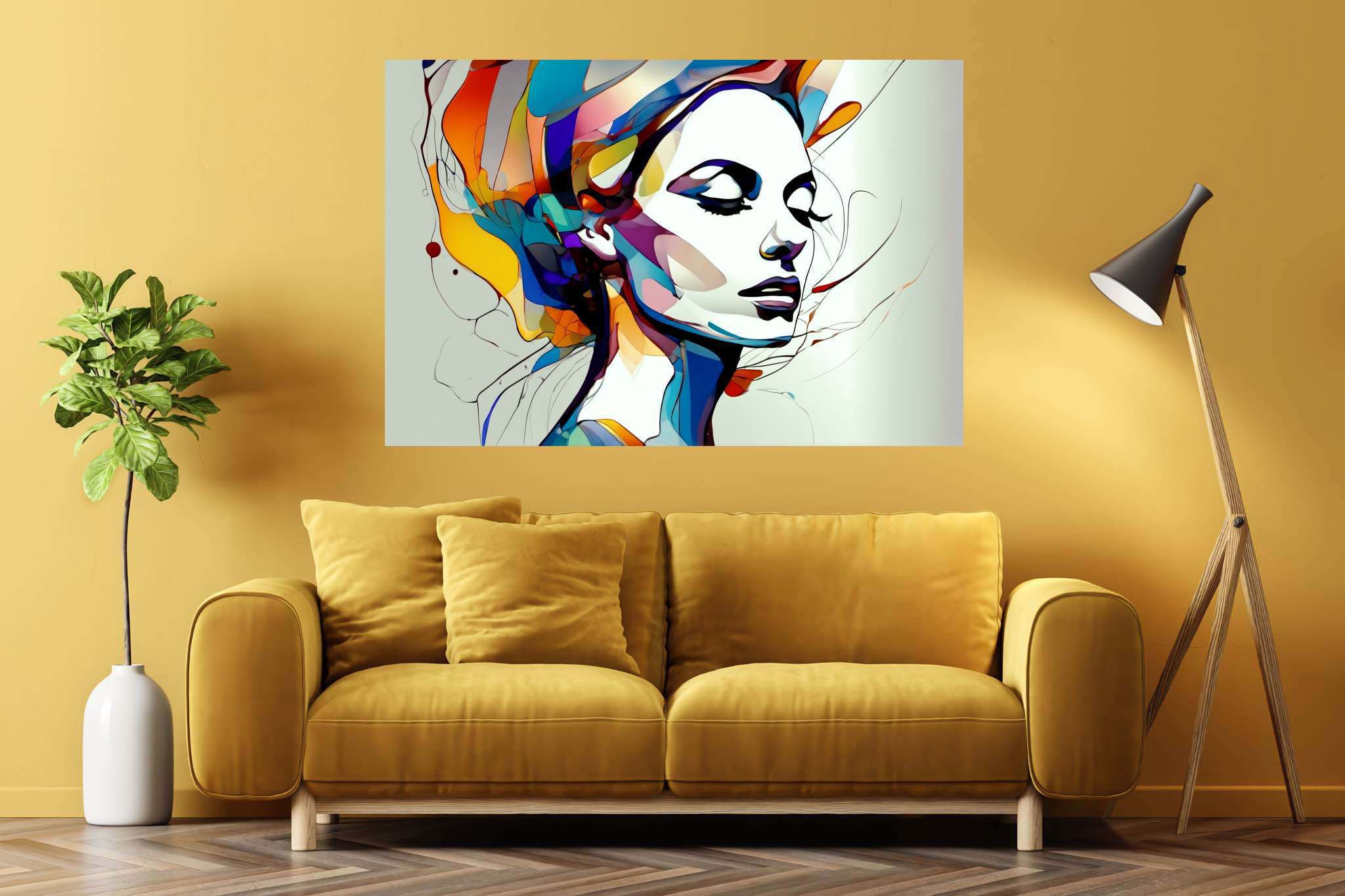 Slumbering muse amidst zephyrs: Dreamy portrait art with atmospheric artwork, in a room with chic decor, framed art, and artisan decor. The art can be printed on poster, framed poster, canvas, metal, acrylic or wood, exclusively at WallArtZen. Find this exact print at https://wallartzen.com/waz59