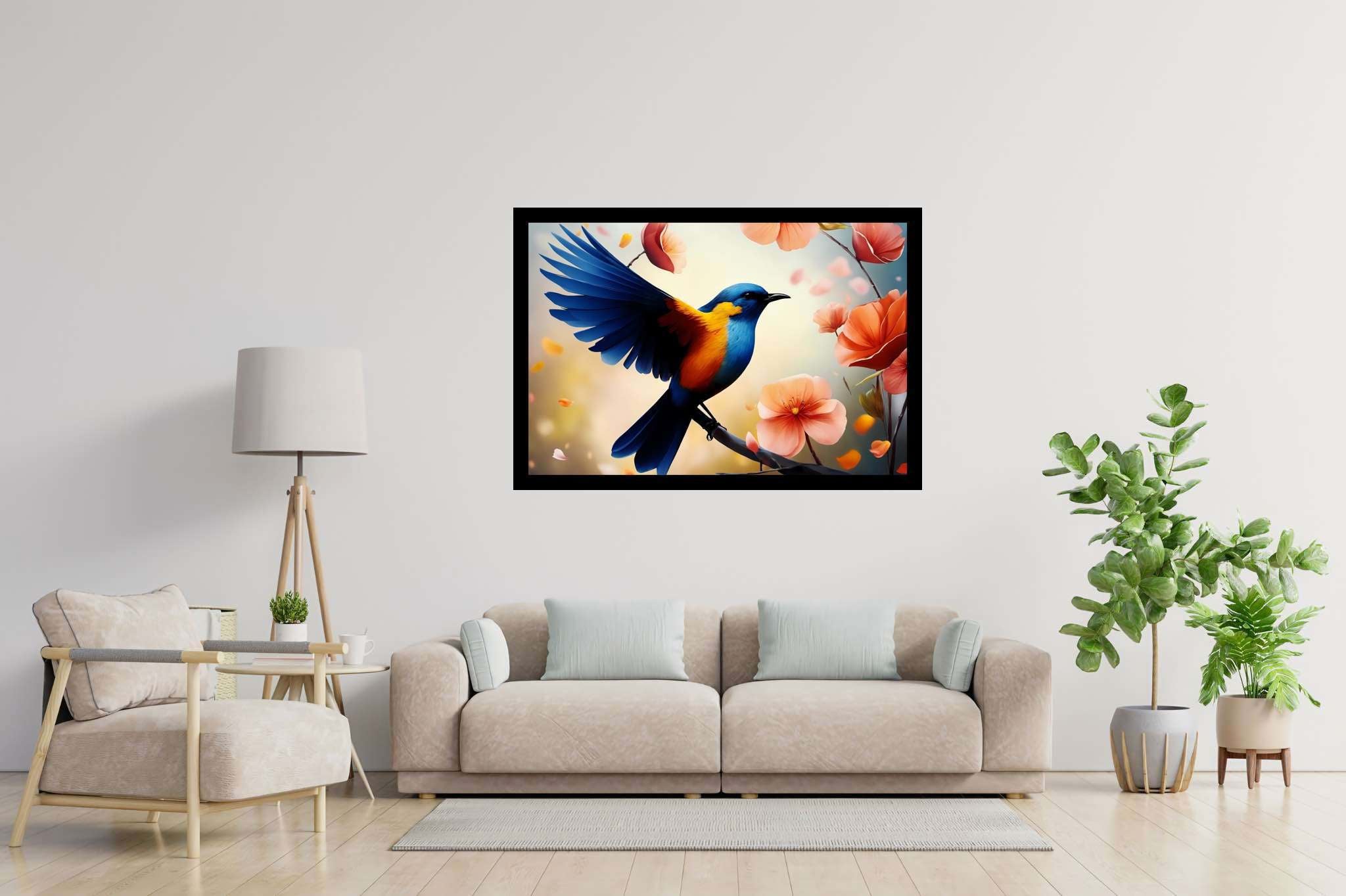 Chroma perch sonata: Bird art with nature art, in a room with contemporary flair, framed art, and trendy home accents. The art can be printed on poster, framed poster, canvas, metal, acrylic or wood, exclusively at WallArtZen. Find this exact print at https://wallartzen.com/waz5