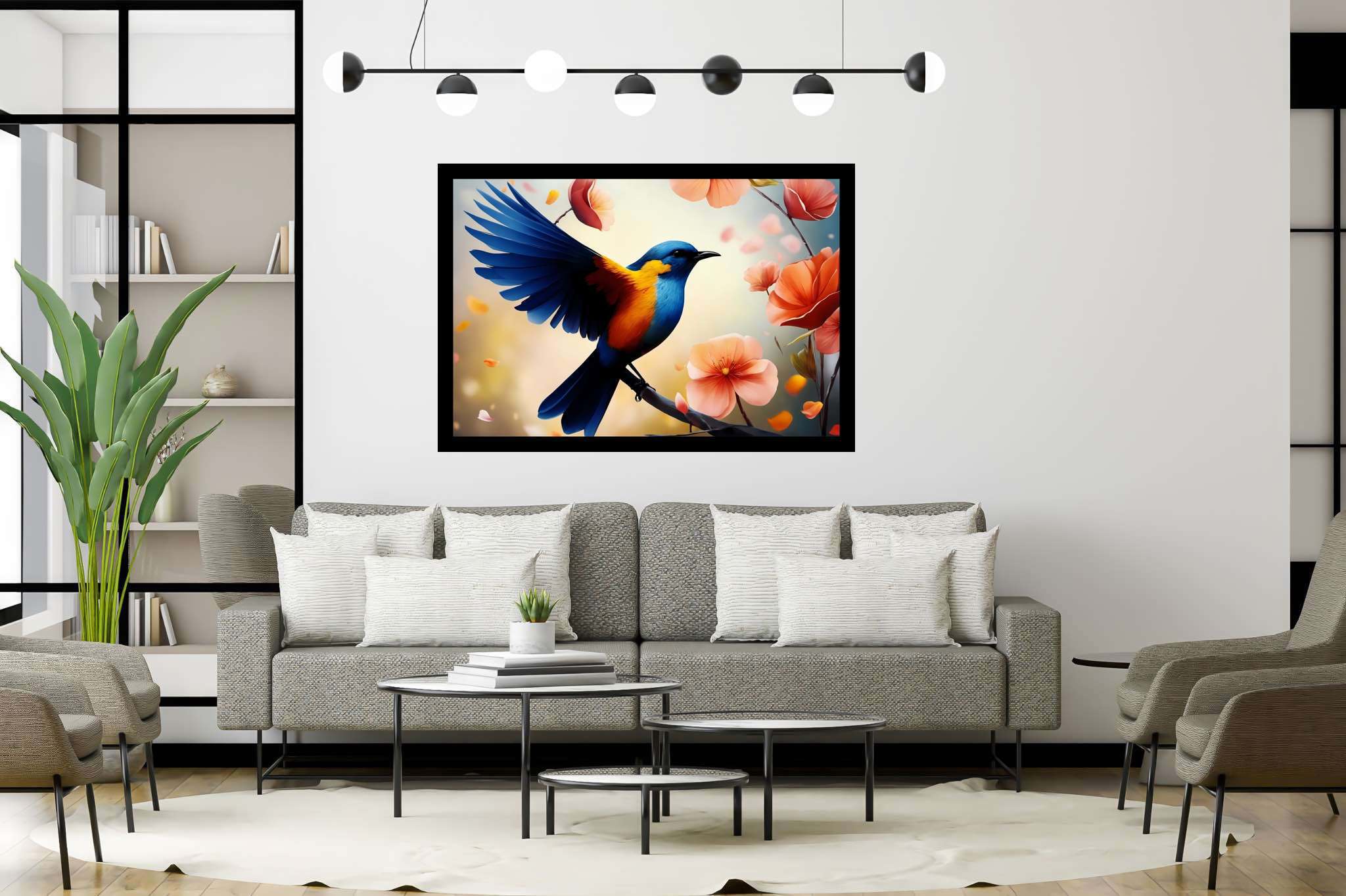 Chroma perch sonata: Bird art with bird art, in a room with contemporary flair, wall hangings, and artisan decor. The art can be printed on poster, framed poster, canvas, metal, acrylic or wood, exclusively at WallArtZen. Find this exact print at https://wallartzen.com/waz5