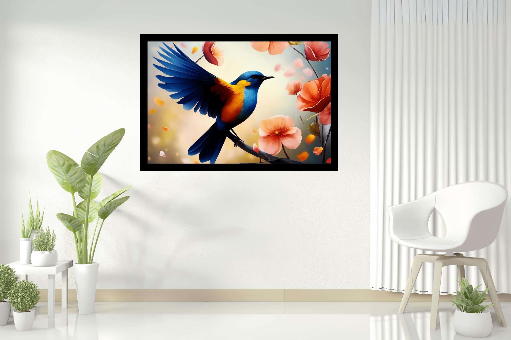 Chroma perch sonata: Bird art with bird sketches, in a room with great design, bespoke art designs, and decorative pieces. The art can be printed on poster, framed poster, canvas, metal, acrylic or wood, exclusively at WallArtZen. Find this exact print at https://wallartzen.com/waz5