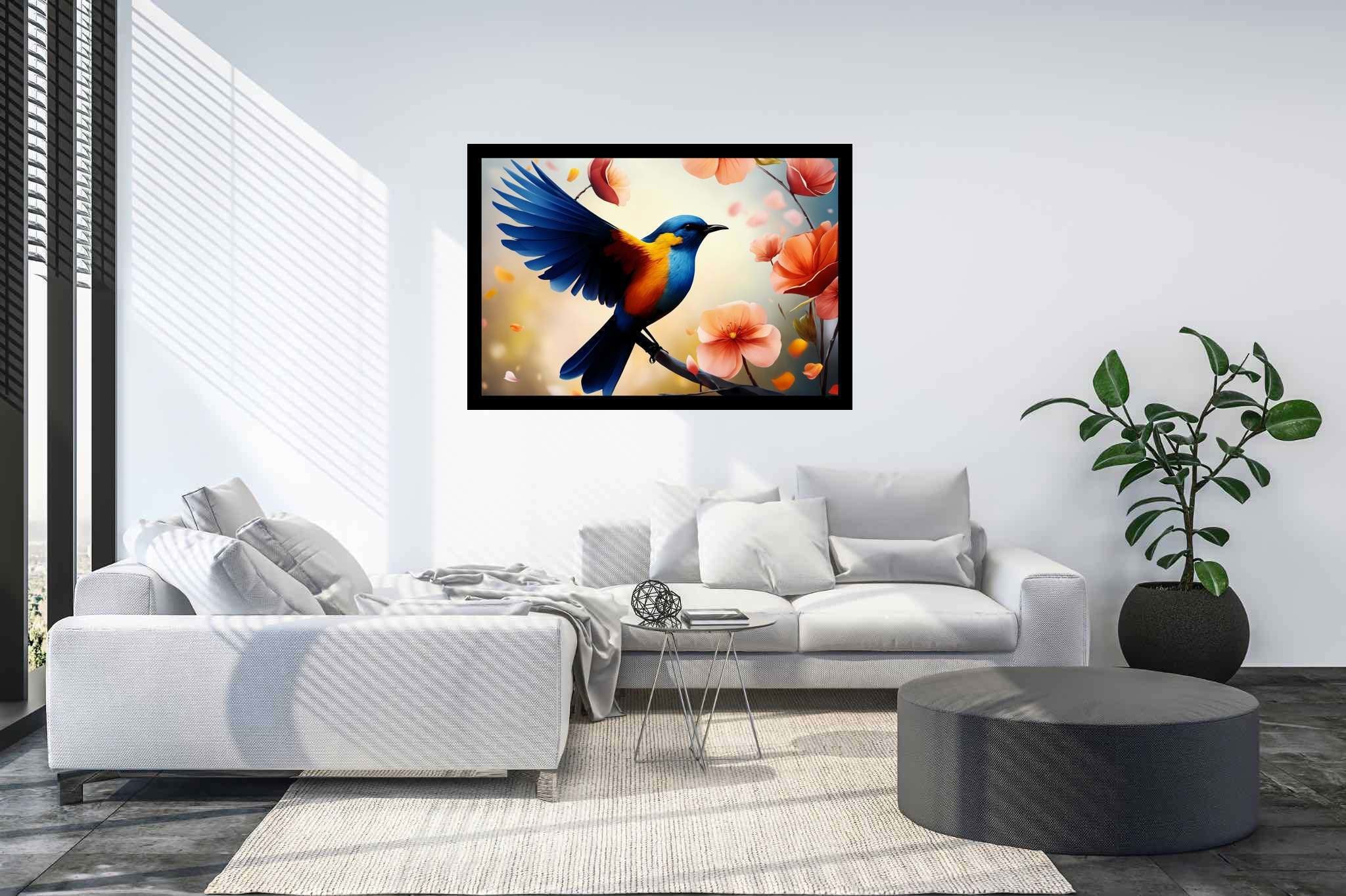 Chroma perch sonata: Bird art with bird paintings, in a room with elegant layout, mural artworks, and stylish accessories. The art can be printed on poster, framed poster, canvas, metal, acrylic or wood, exclusively at WallArtZen. Find this exact print at https://wallartzen.com/waz5