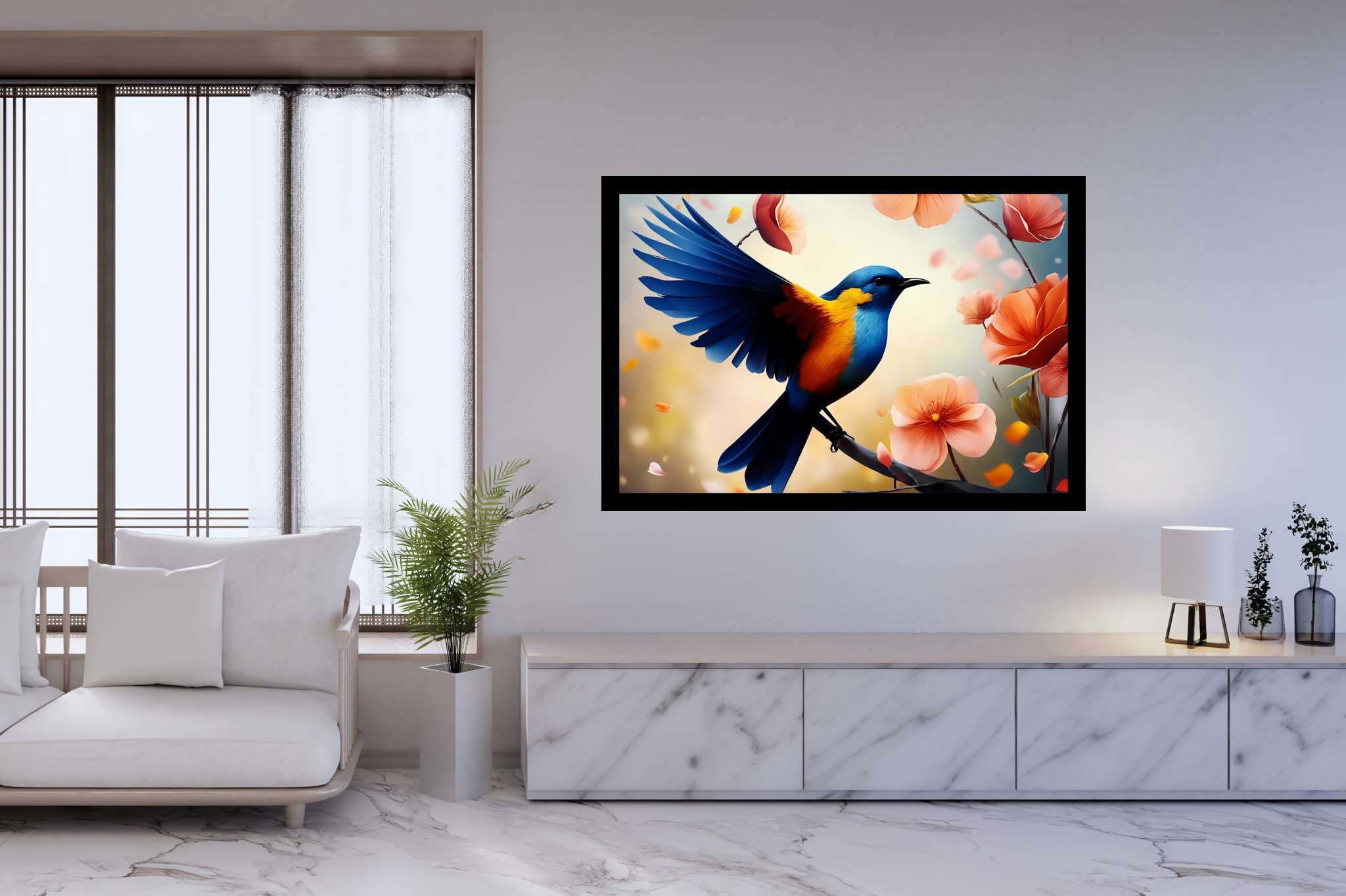 Chroma perch sonata: Bird art with bird sculptures, in a room with classic elegance, wall art, and designer furniture. The art can be printed on poster, framed poster, canvas, metal, acrylic or wood, exclusively at WallArtZen. Find this exact print at https://wallartzen.com/waz5