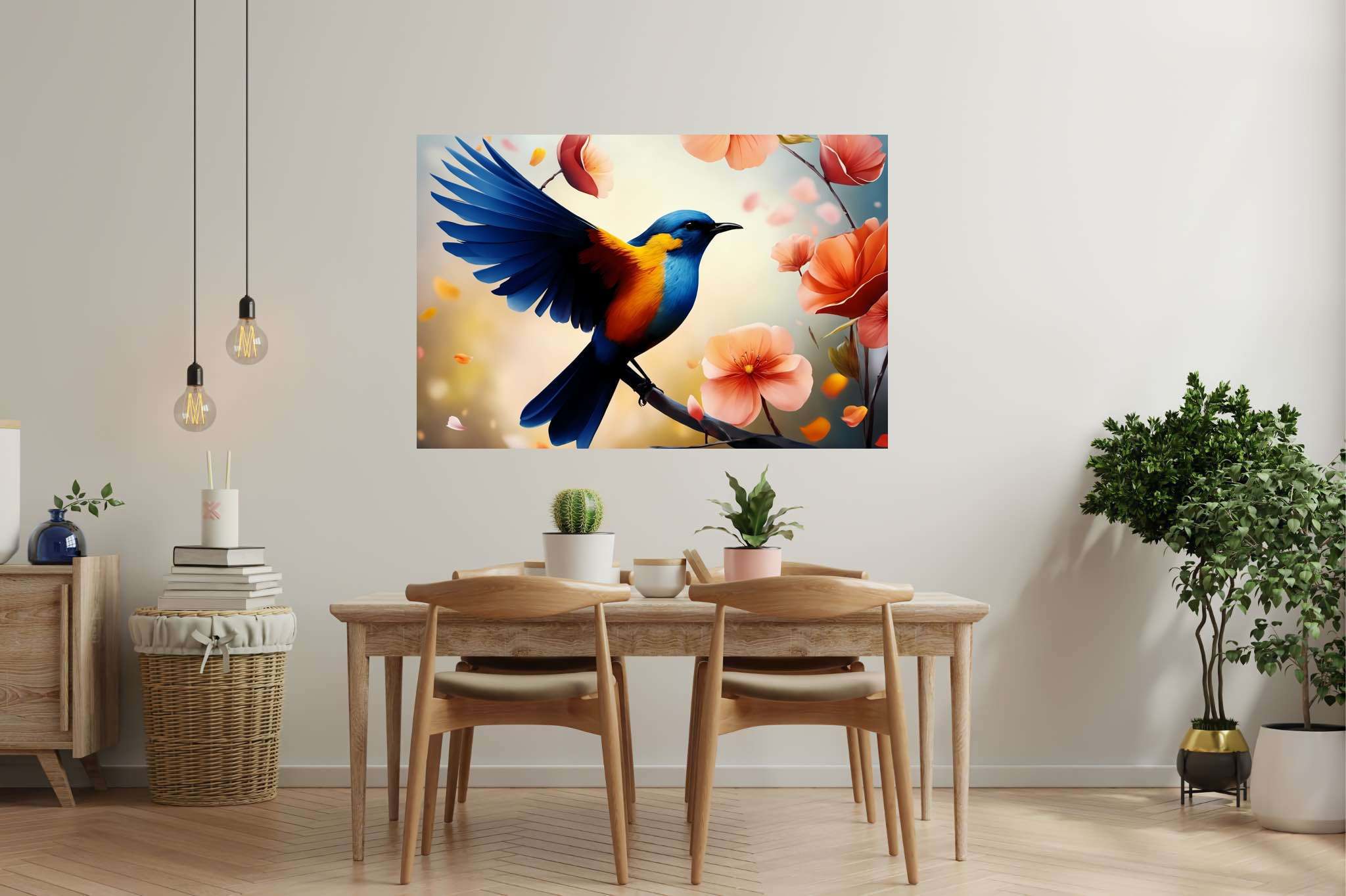 Chroma perch sonata: Bird art with bird-inspired artwork, in a room with classic elegance, wall hangings, and artisan decor. The art can be printed on poster, framed poster, canvas, metal, acrylic or wood, exclusively at WallArtZen. Find this exact print at https://wallartzen.com/waz5